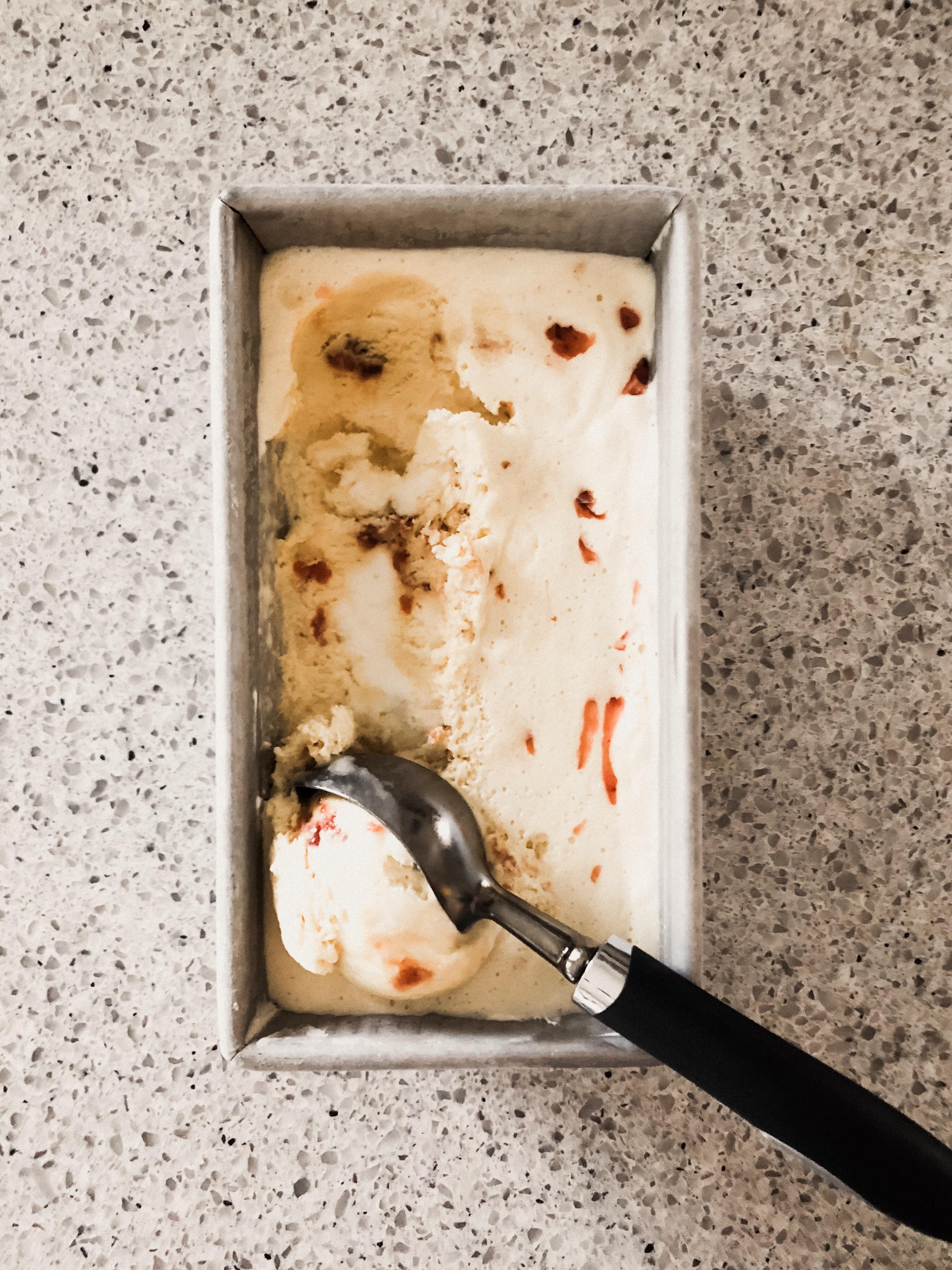 Stella’s no churn ice cream, with some strawberry added in. She has yet