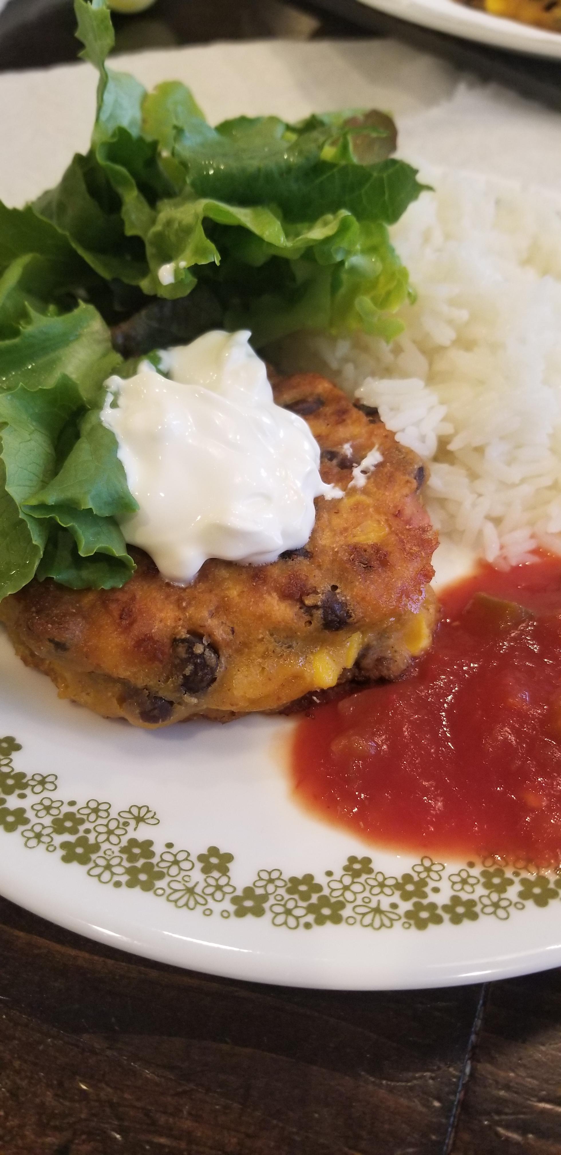 [Homemade] Black Bean and Corn Fritter with garden grown lettuce r/food