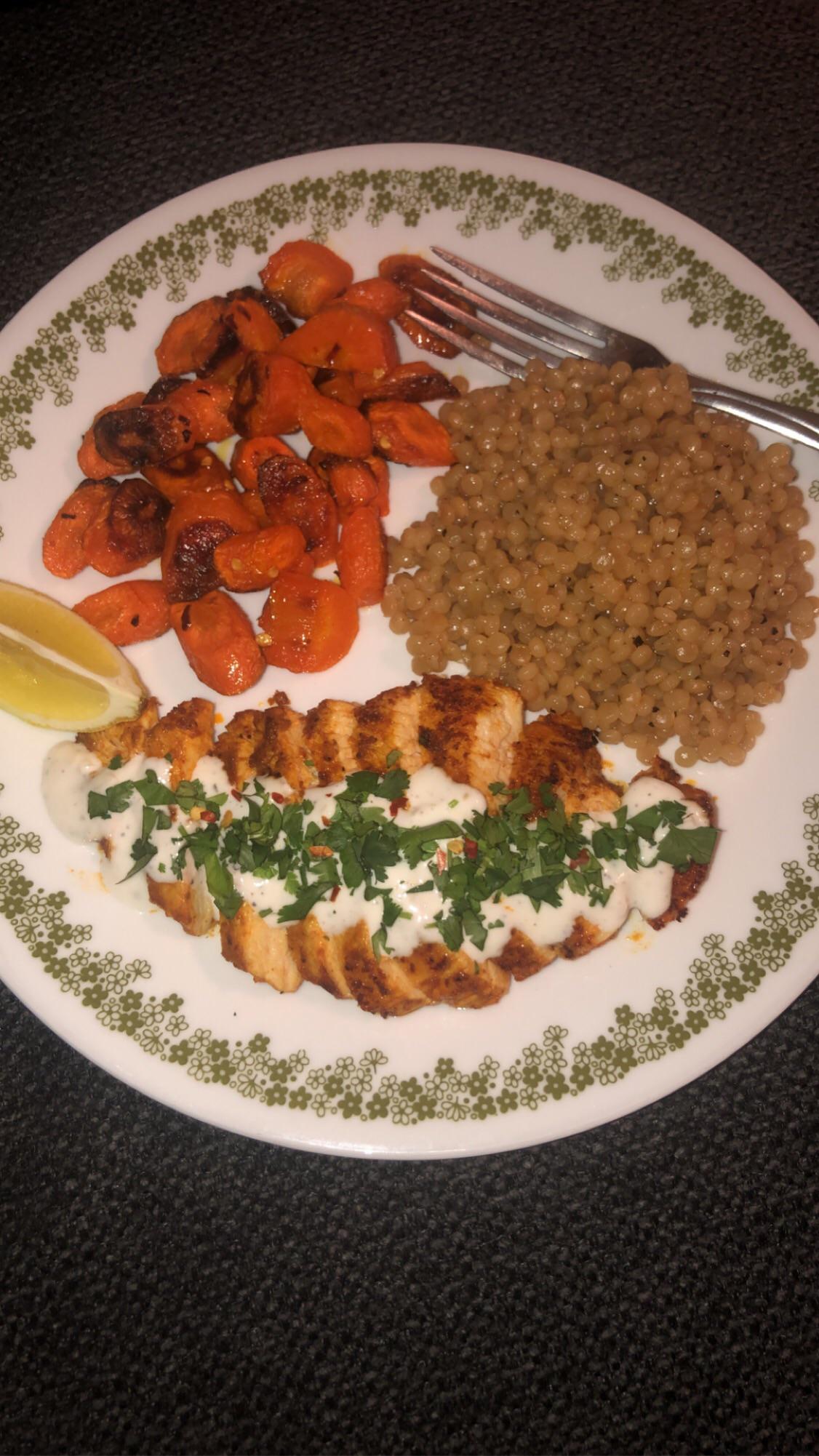 Yogurtmarinated Chicken & garlic sauce plus lemony couscous & chili