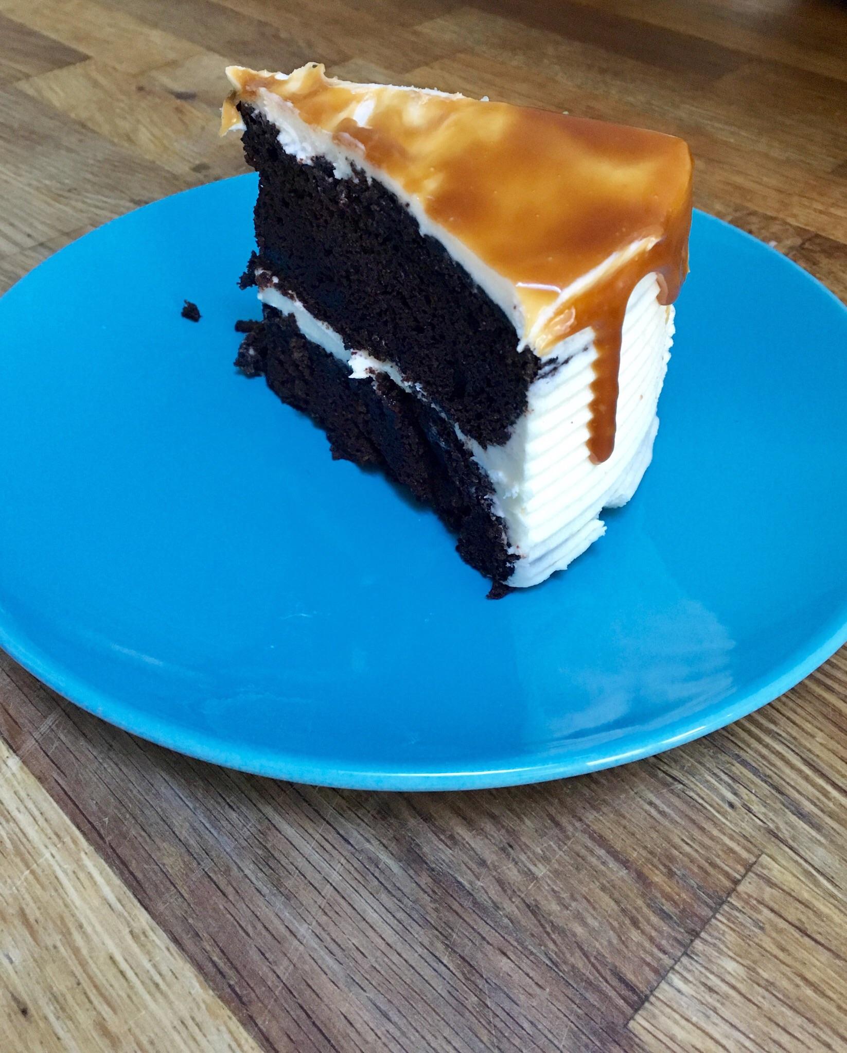Chocolate and vanilla with caramel drip cake vegan