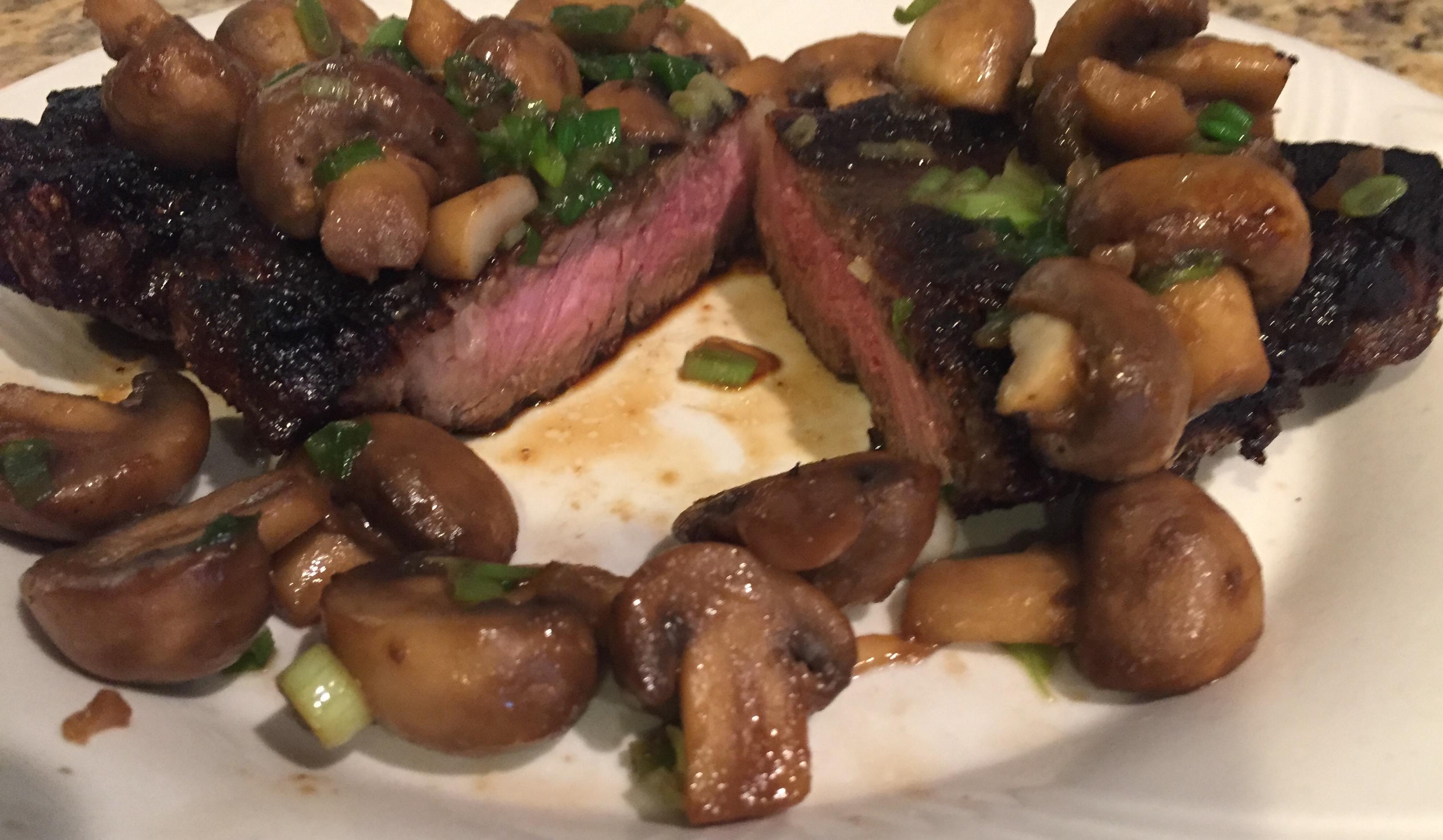 [Homemade] Seared New York Strip Steak with Mushrooms r/food