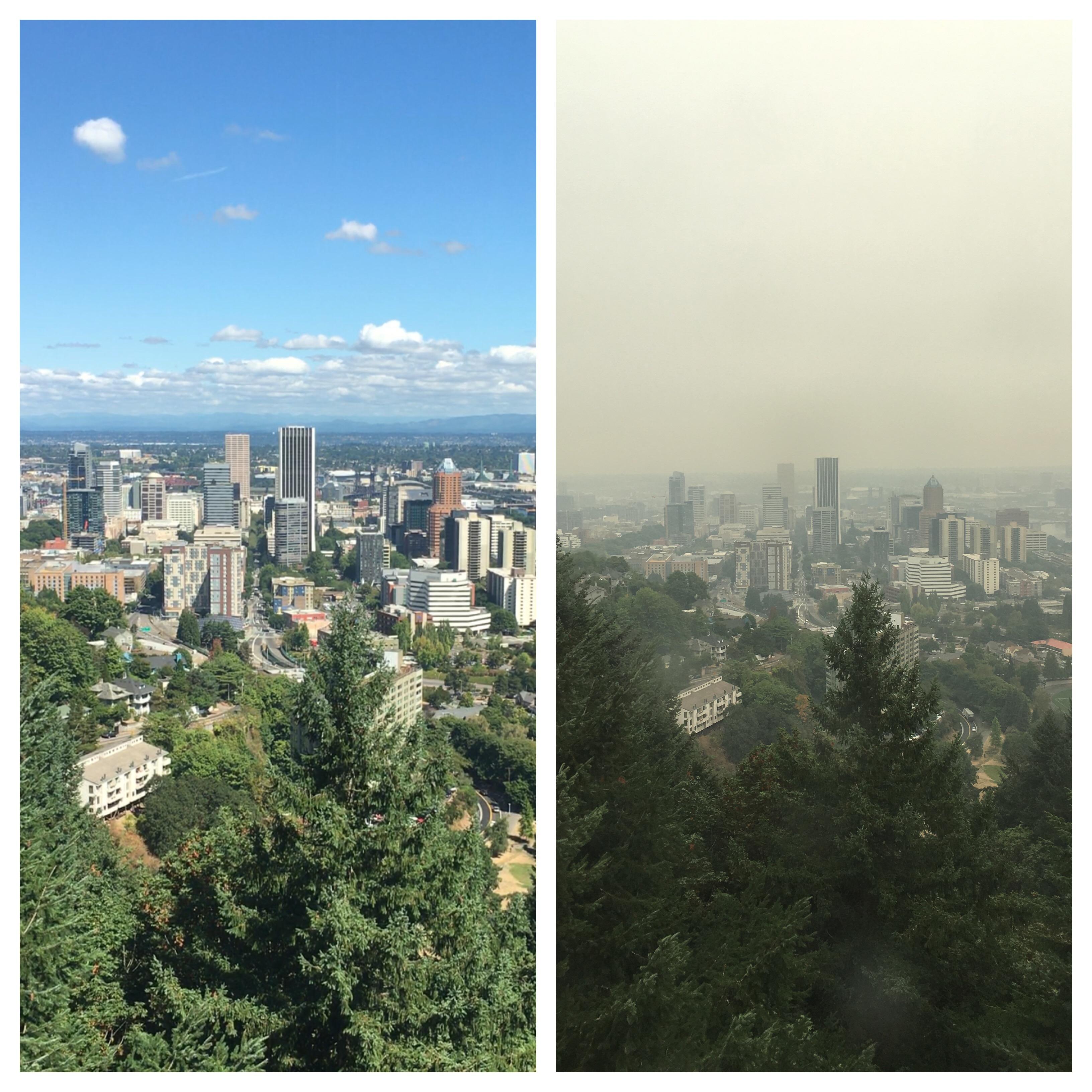 A view of Portland's air quality from Marquam Hill last week vs this