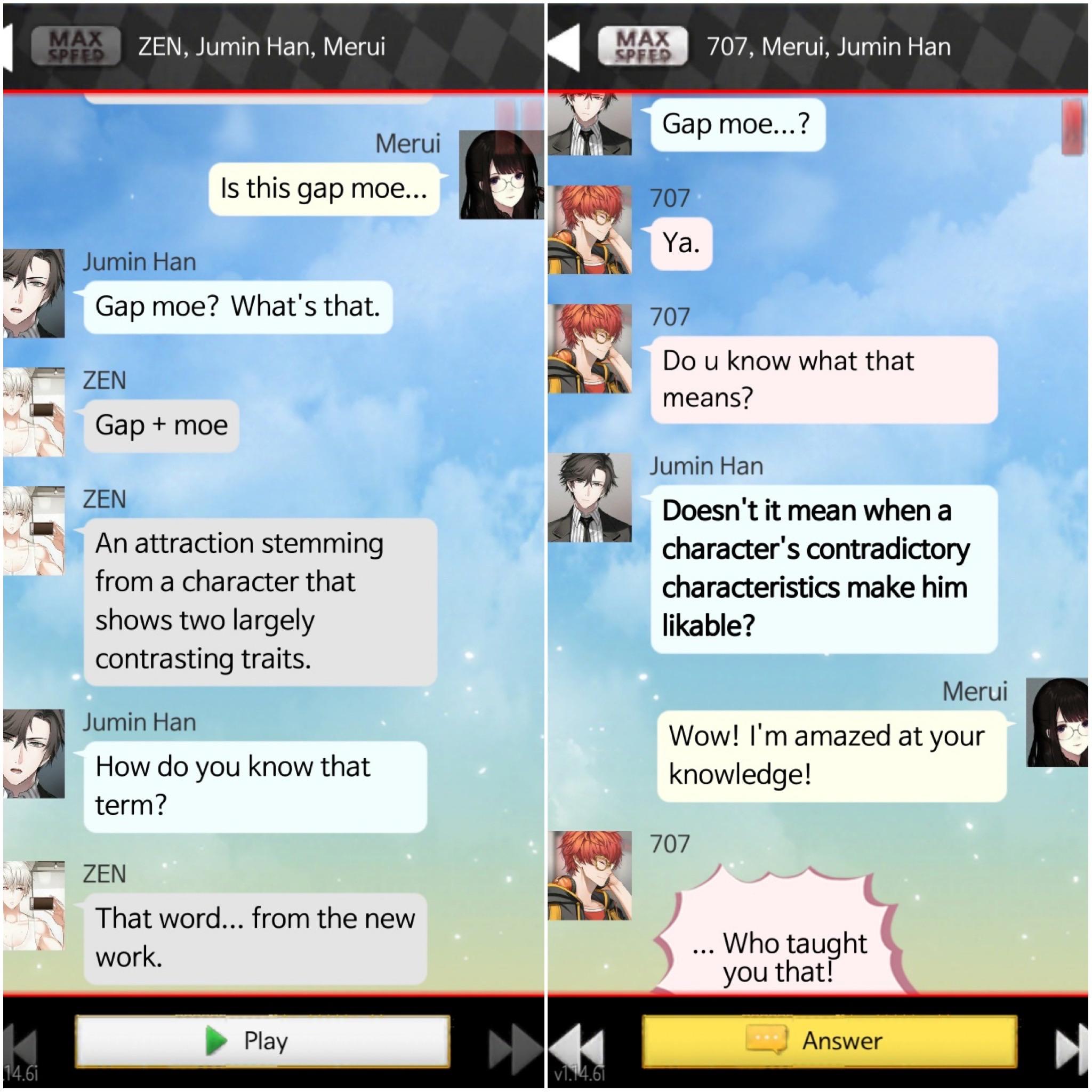 Gap Moe for Jumin [Casual Story common route (left) VS. 707 route