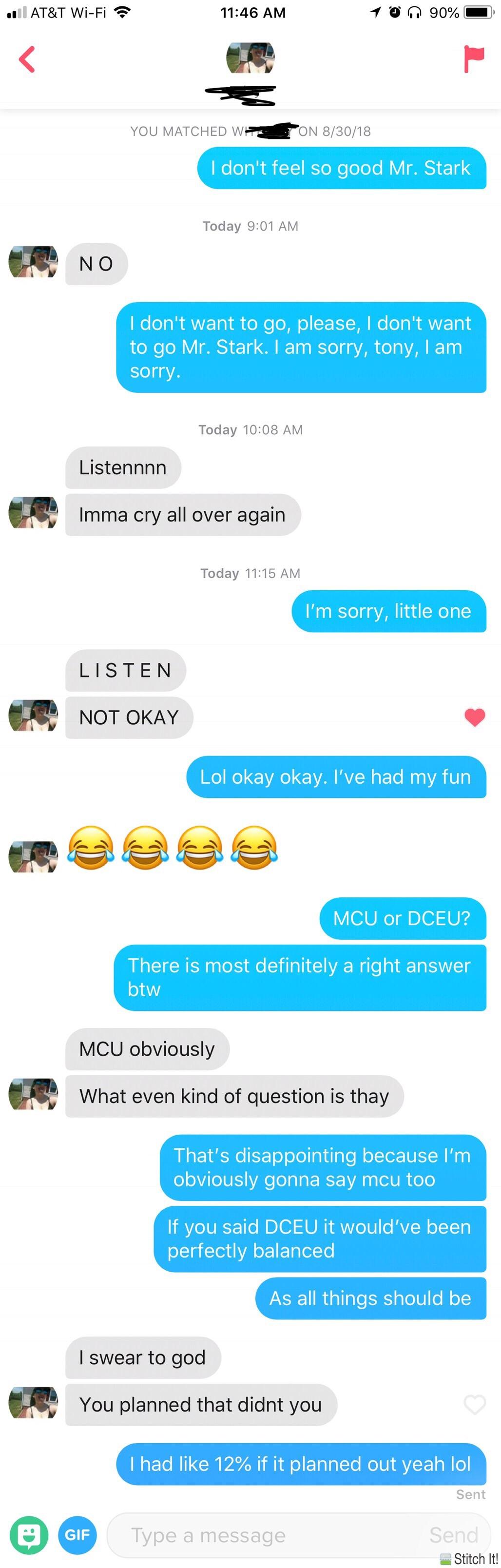 She said send me your favorite superhero movie quote r/Tinder
