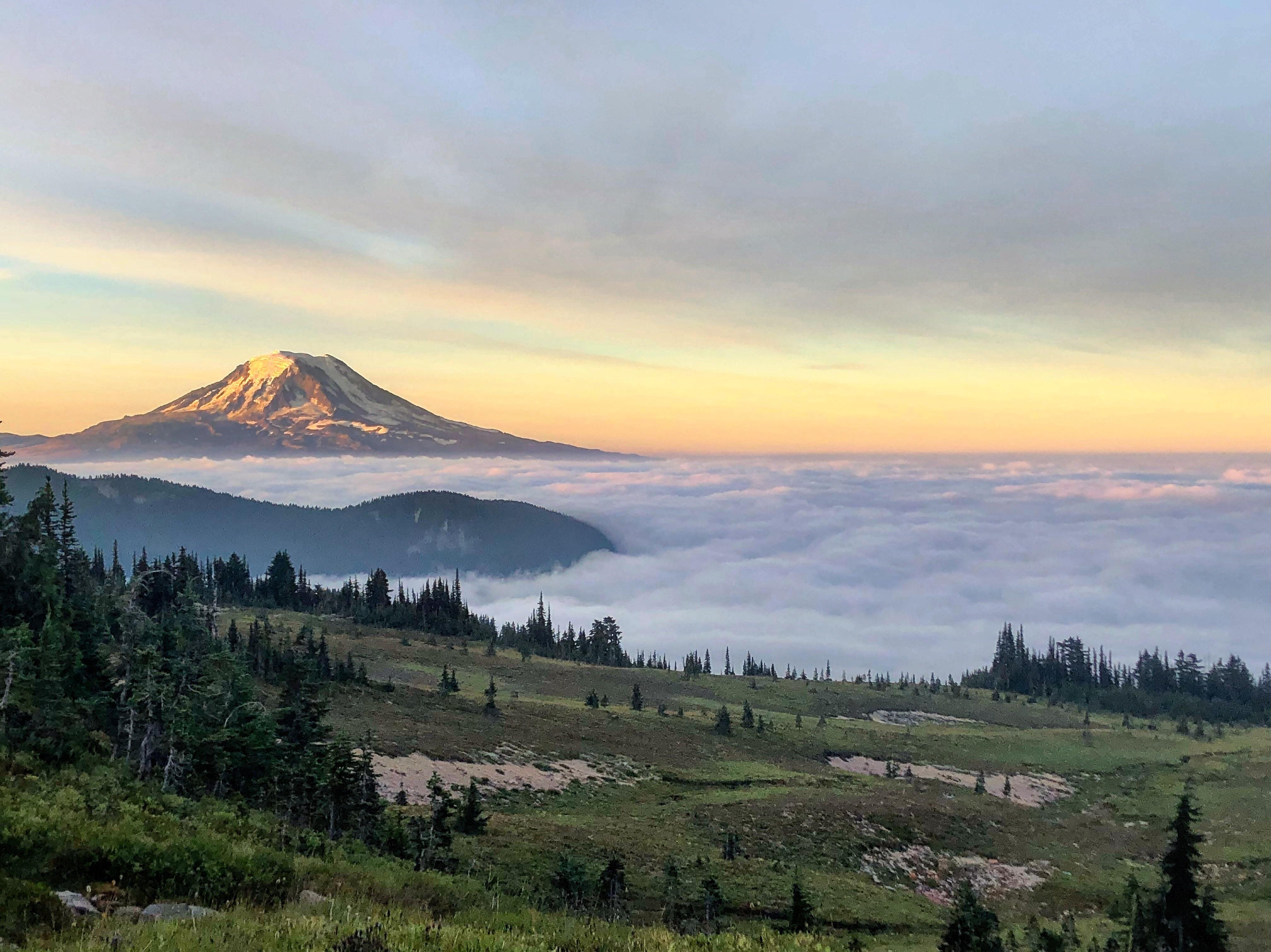 A morning in Goat Rocks Wilderness, WA with Mt. Adams peaking in the