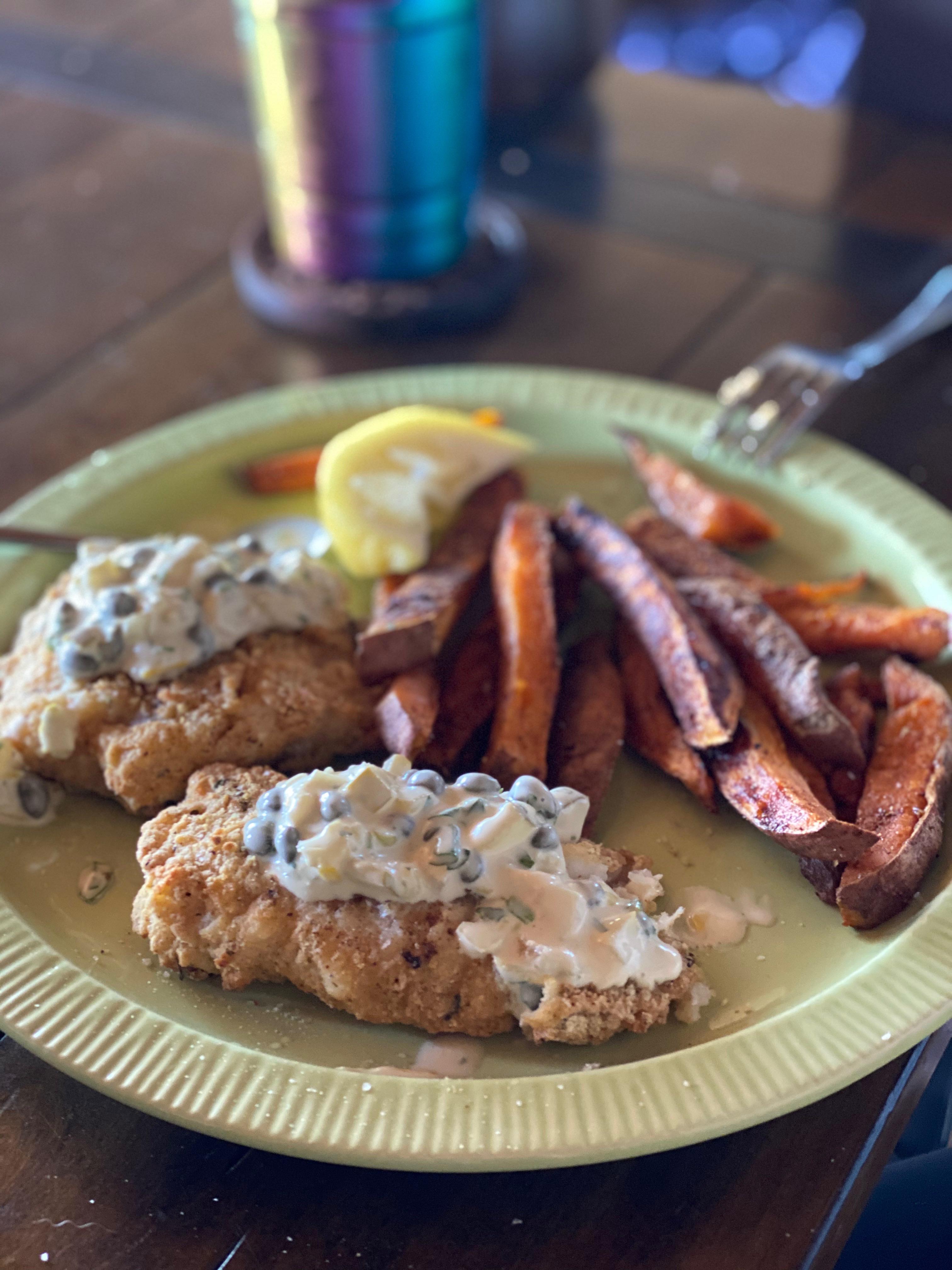 Beer battered fish, homemade tartar sauce, and roasted old bay sweet