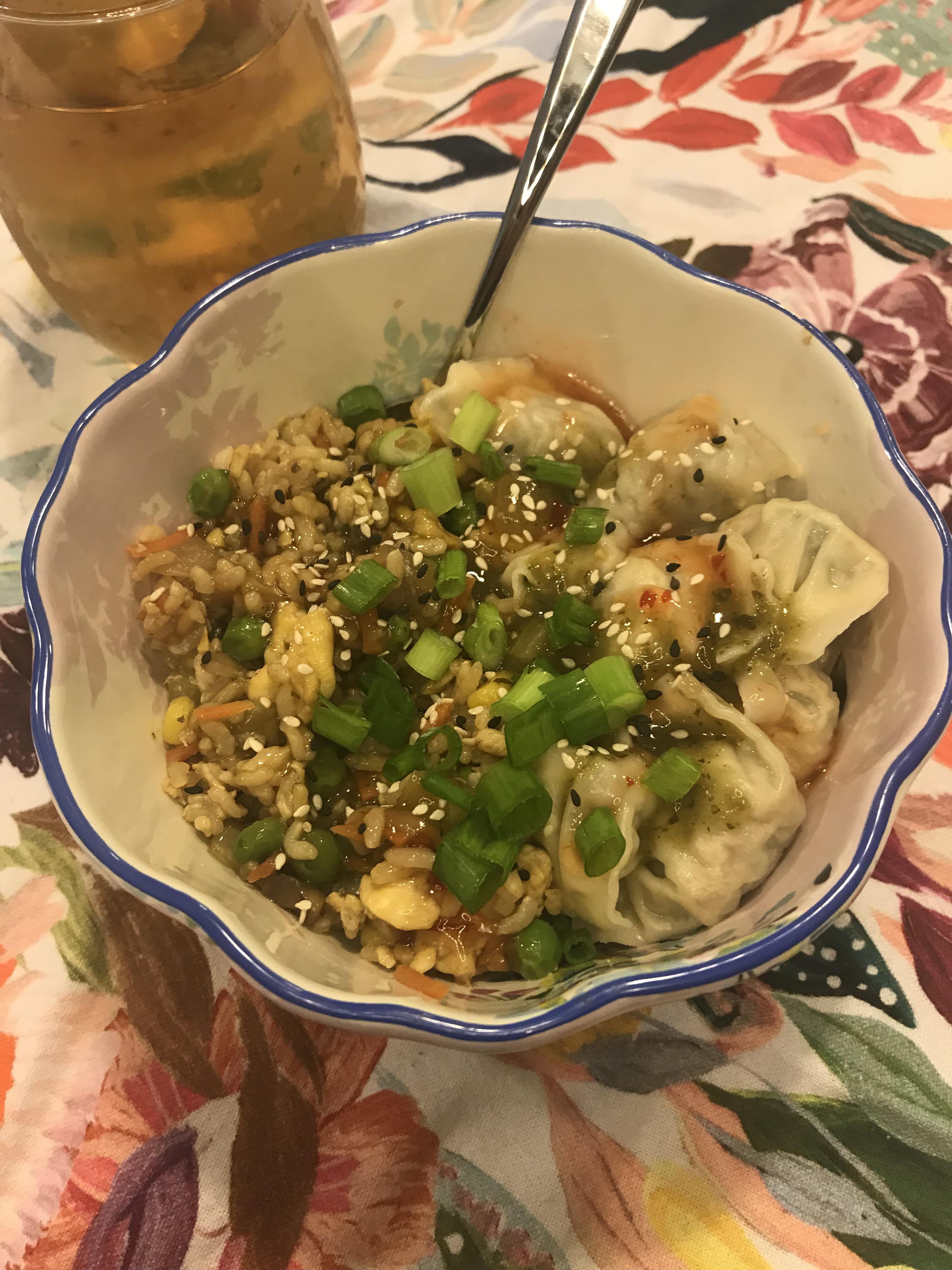 Fried rice and wontons for dinner. 490 cal 1200isplenty