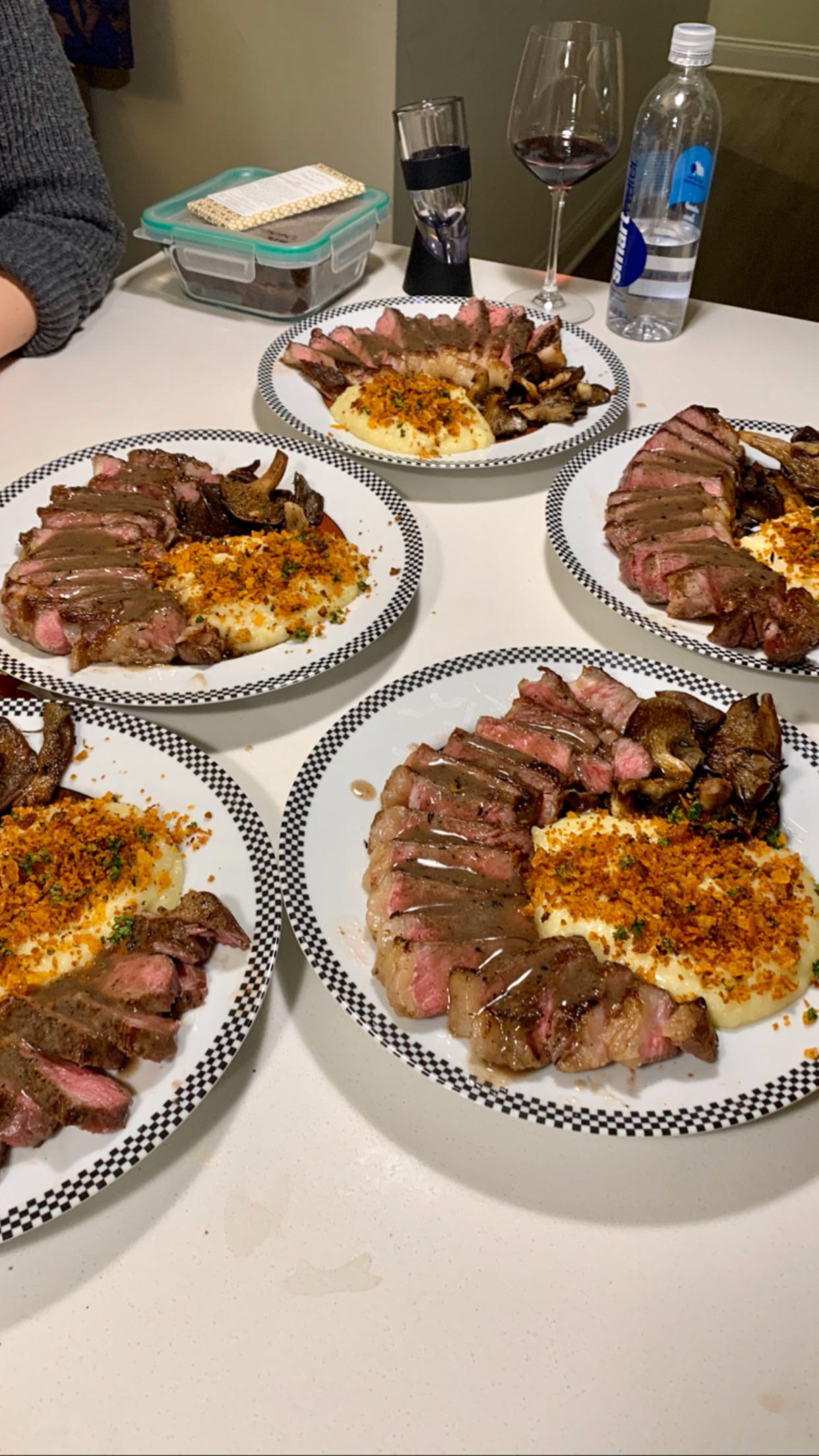 Homemade NY strip steak with pan sauce, mashed potatoes with crunchy bits and roasted blue