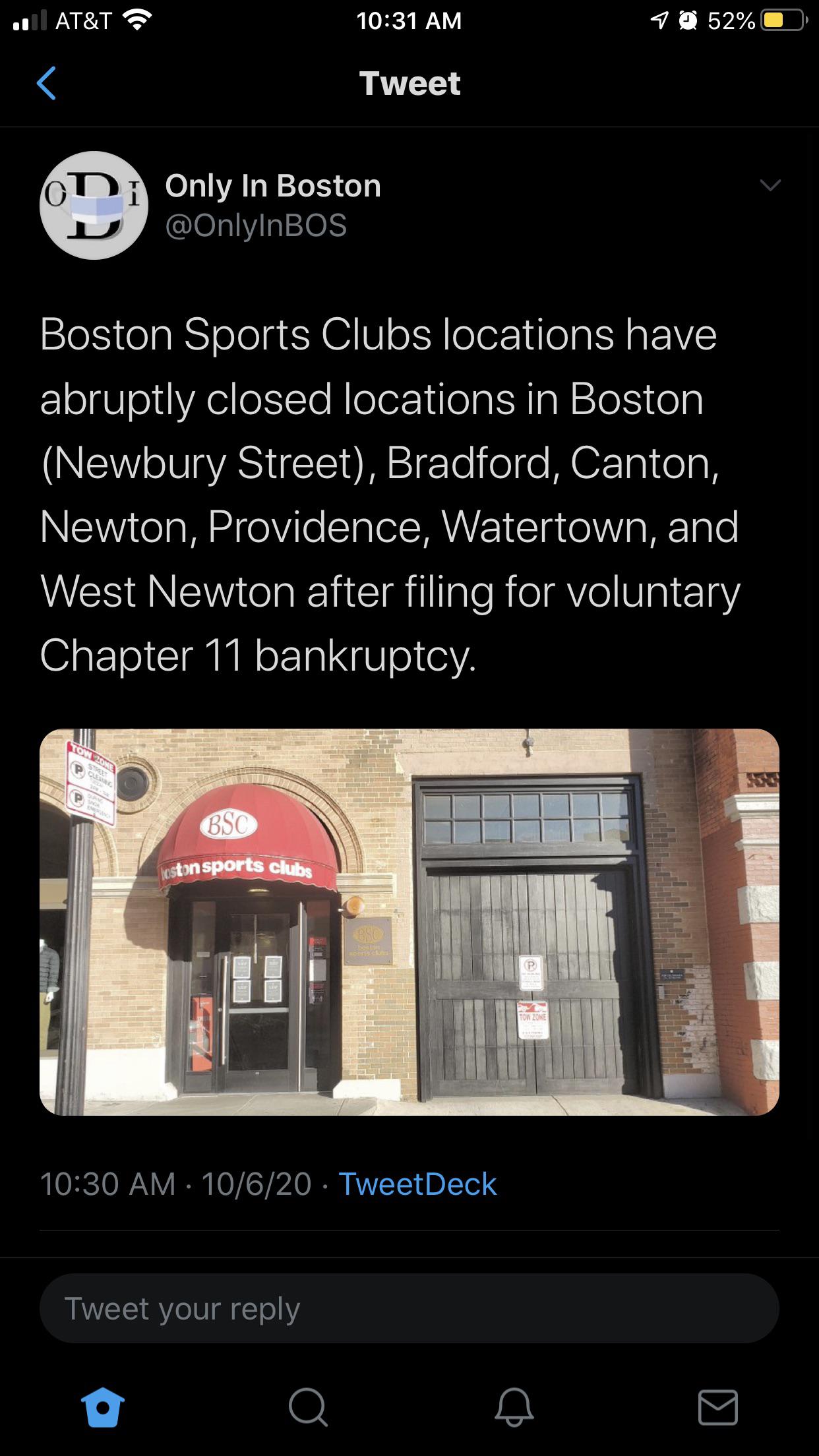 Boston Sports Clubs has filed for Chapter 11 bankruptcy and is closing
