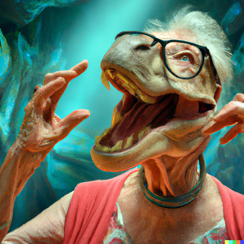 elderly female dinosaur wearing glasses r/dalle2