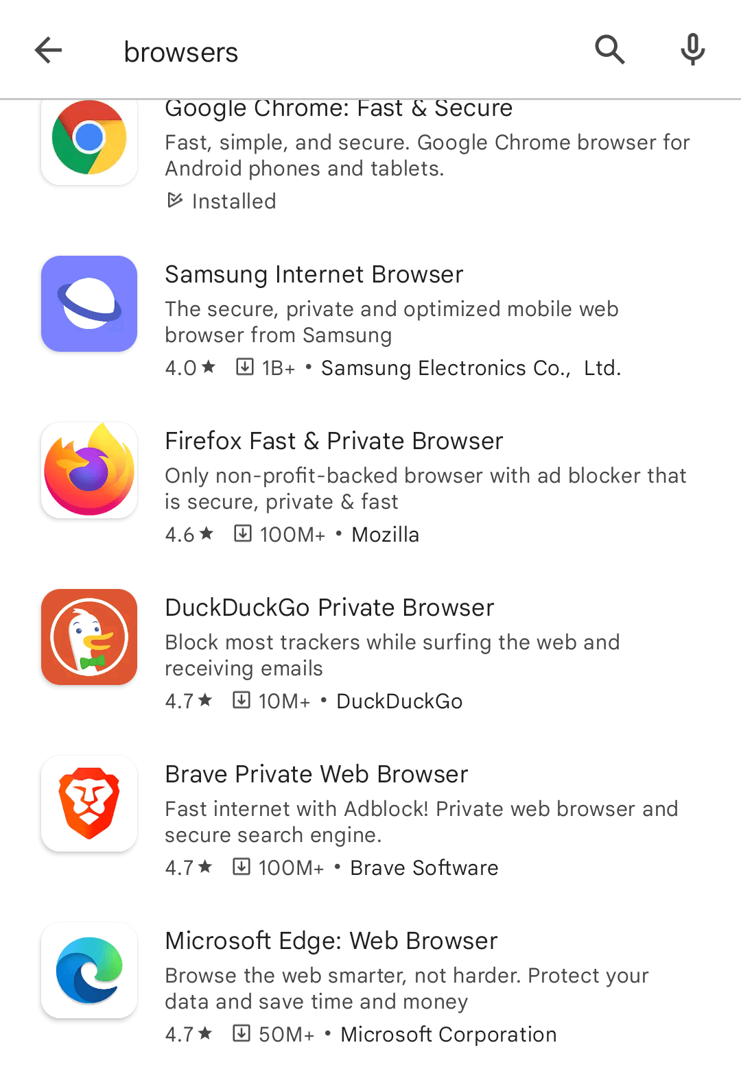 The current ratings of mobile browsers (chrome is 4.1 out of 5) r(03)