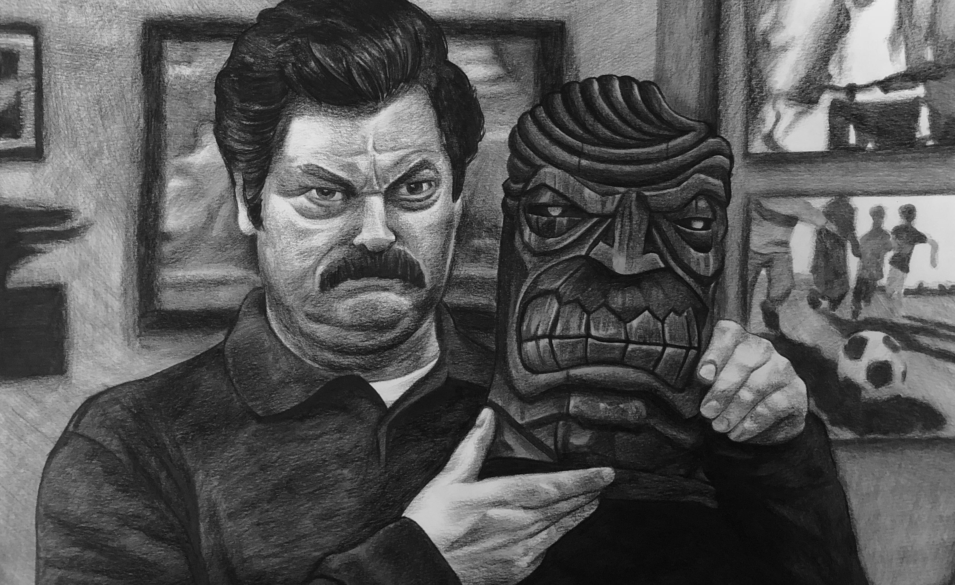I drew Ron Swanson and his Tiki. r/drawing