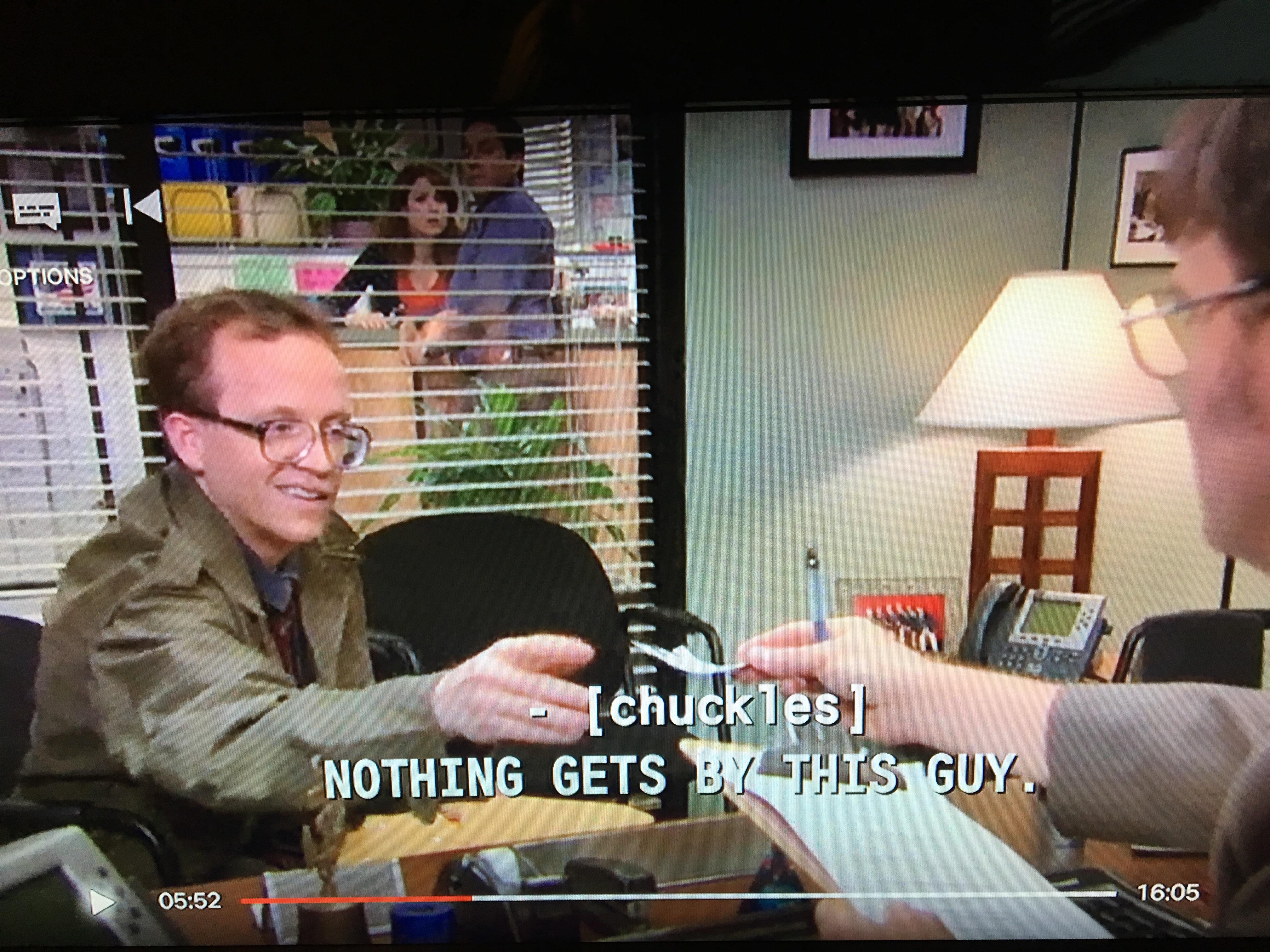 In S9E8 The Target, Dwight recruits his friend Trevor to kneecap Oscar