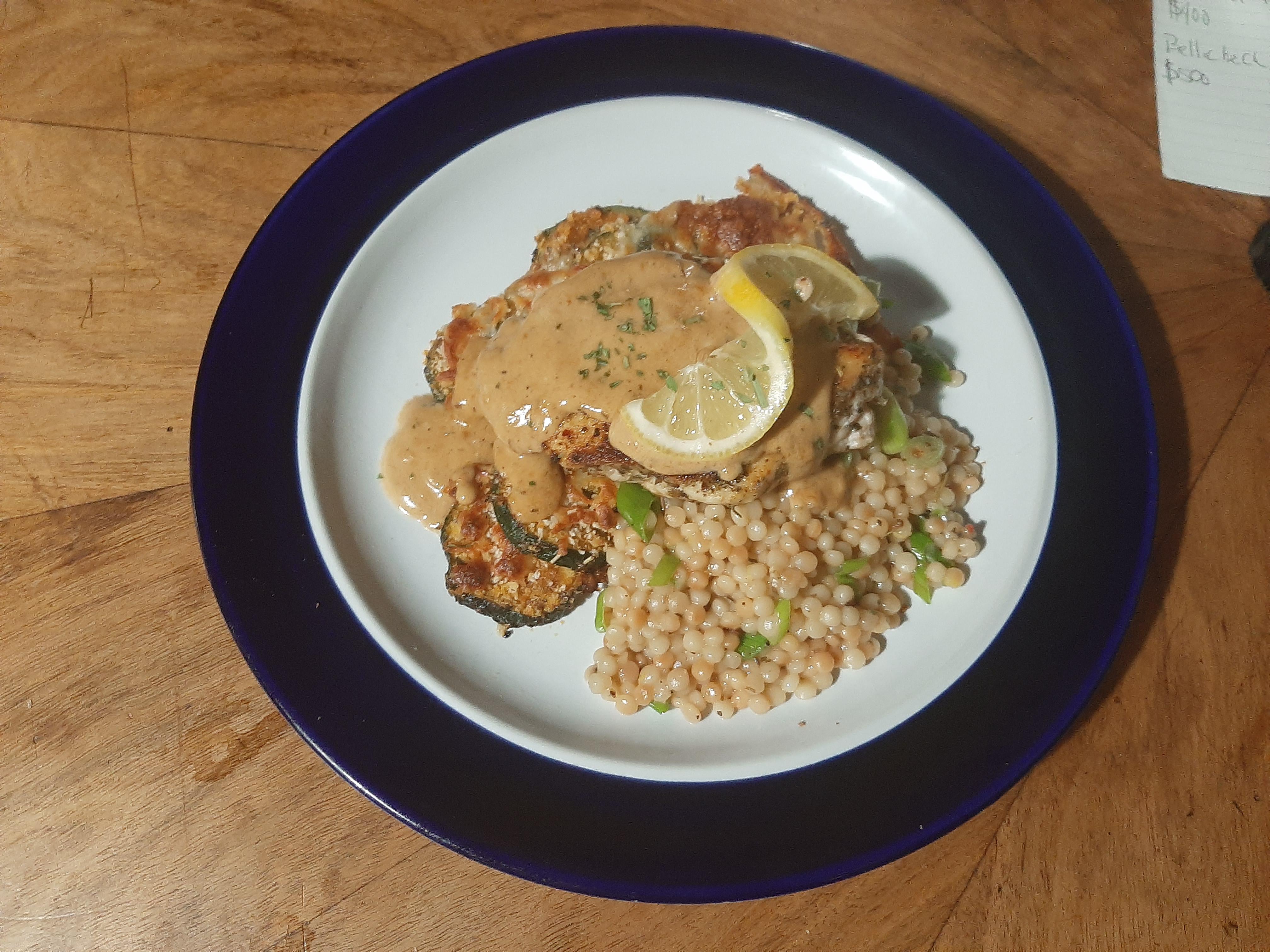 Creamy Lemon Butter Chicken, Zucchini Rounds and Scallion Couscous r