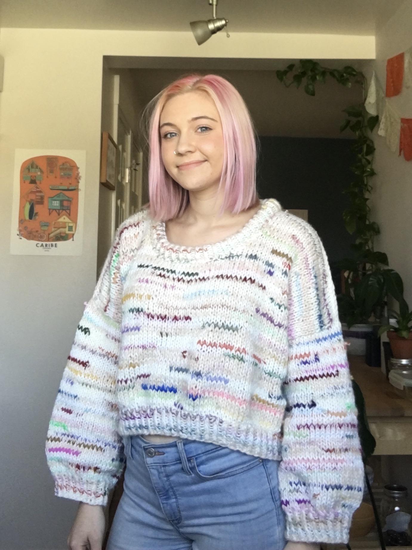 Made my first sweater ever out of yarn scraps and I’m in love! r/knitting