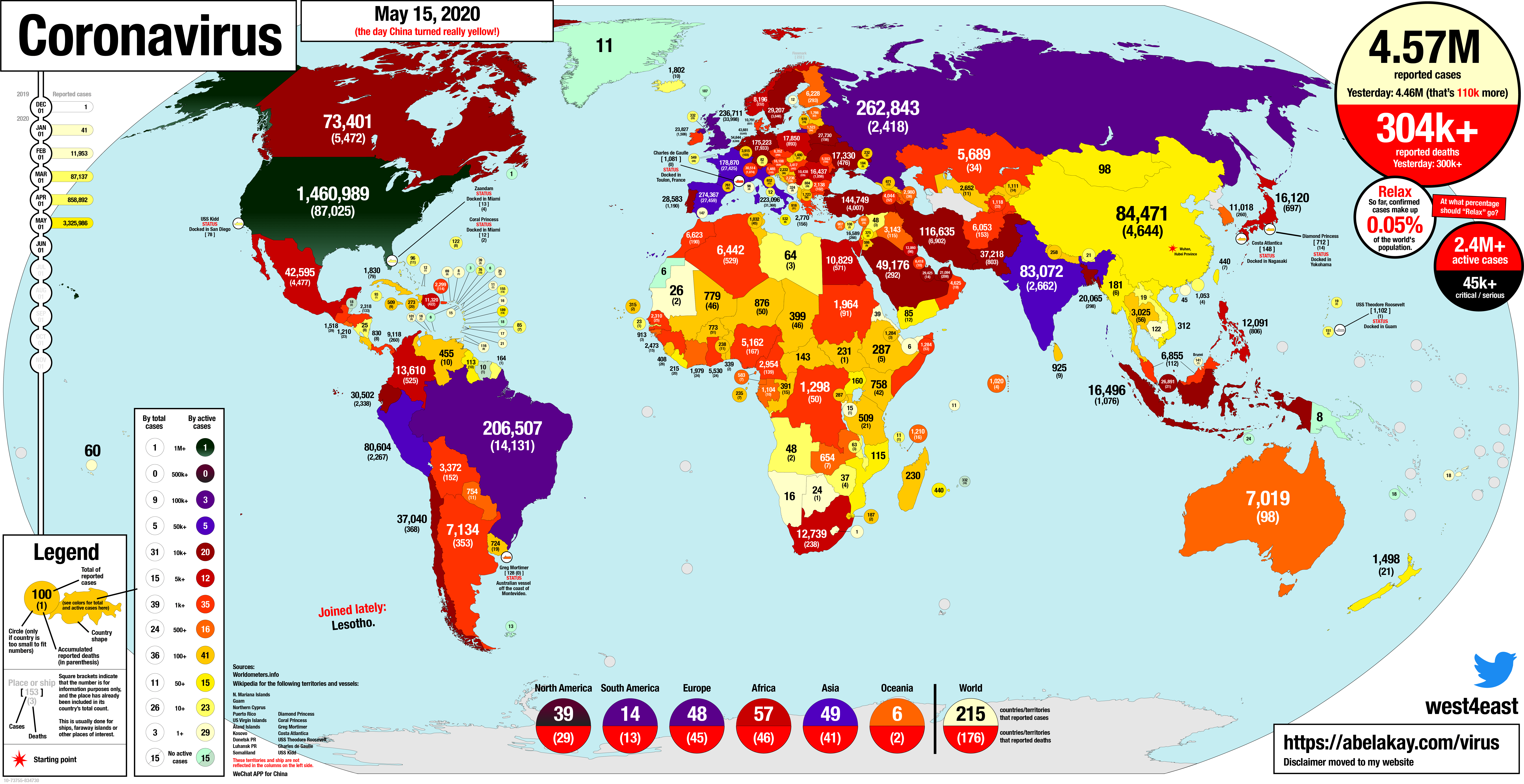 Update. May 15, 2020. The day China went really yellow! Coronavirus map. Remember! Colors
