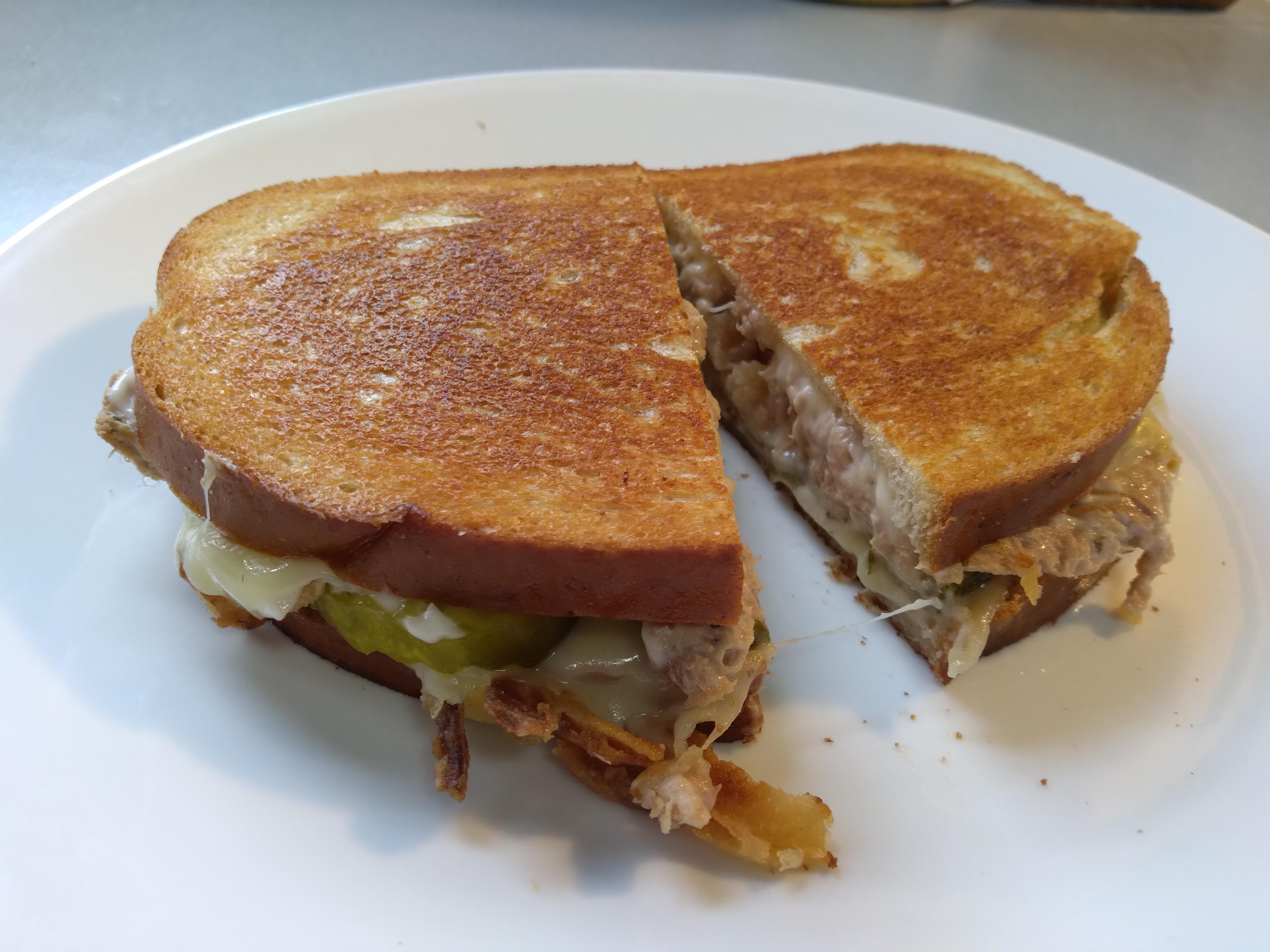 The perfect tuna melt, havarti, spicy pickles, and fried onions. r