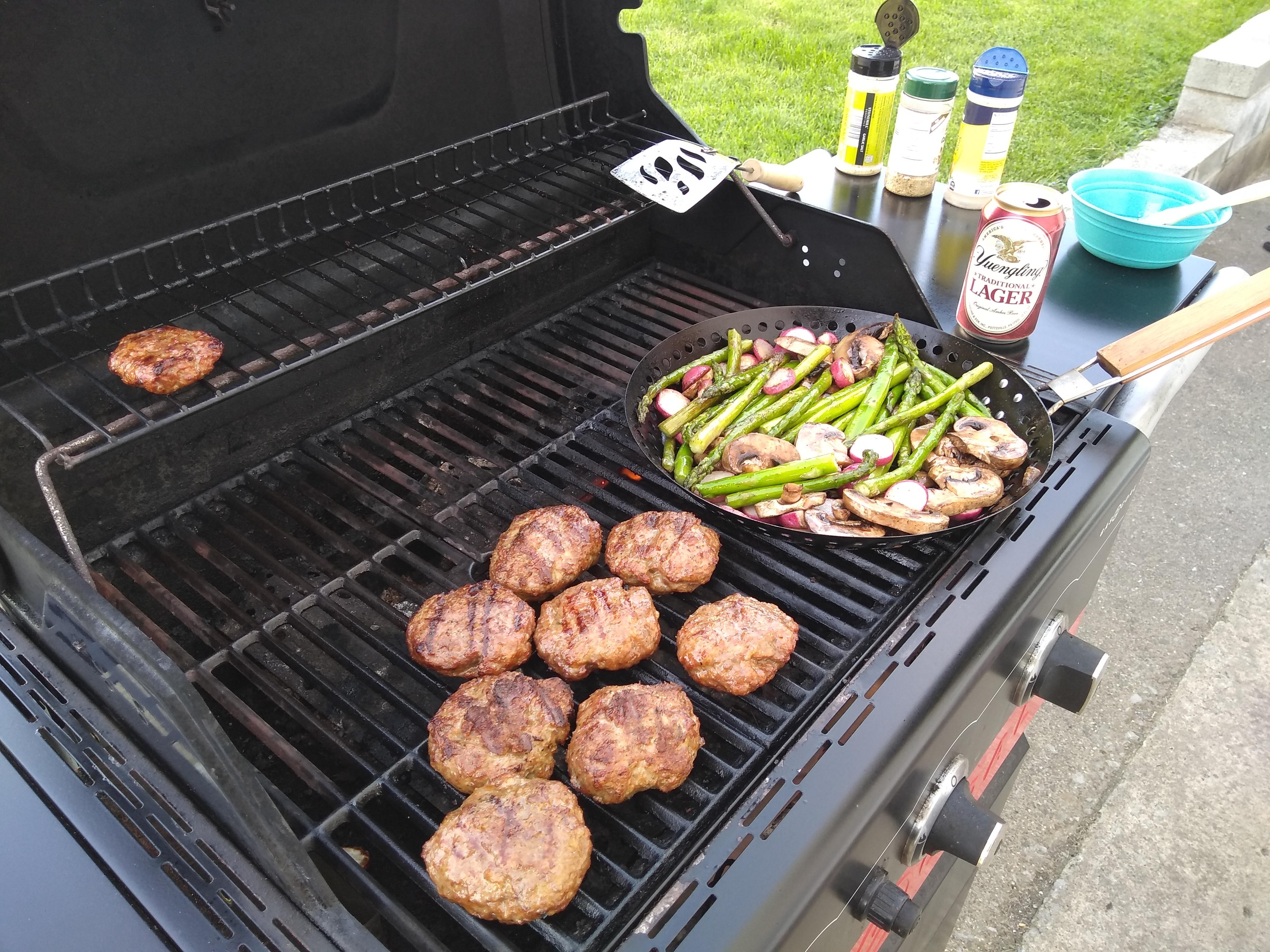 Sweet Italian sausage patties, asparagus, radishes and mushrooms! r