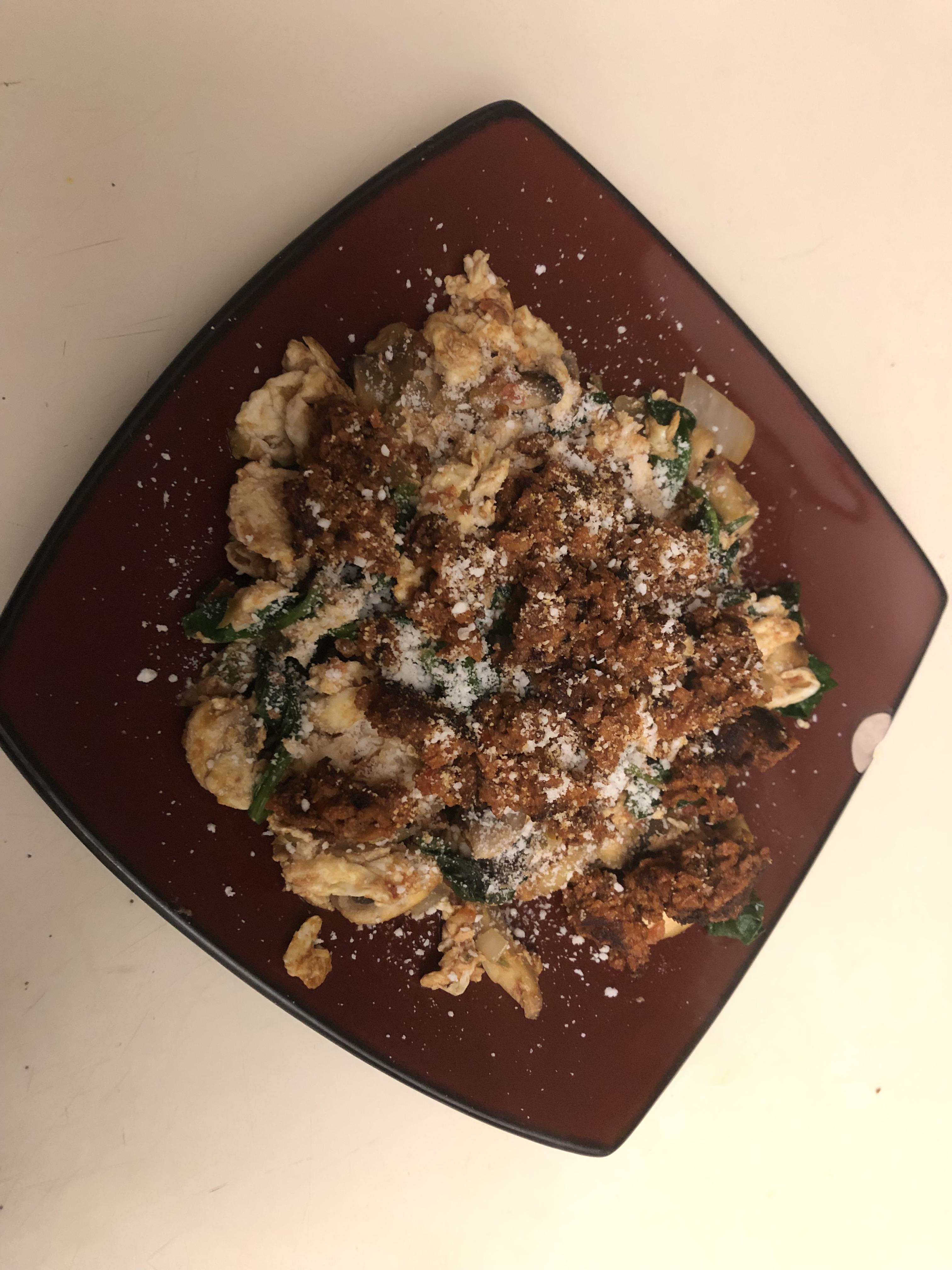 Egg white and veggie scramble, soyrizo, and cotija cheese. 290 calories