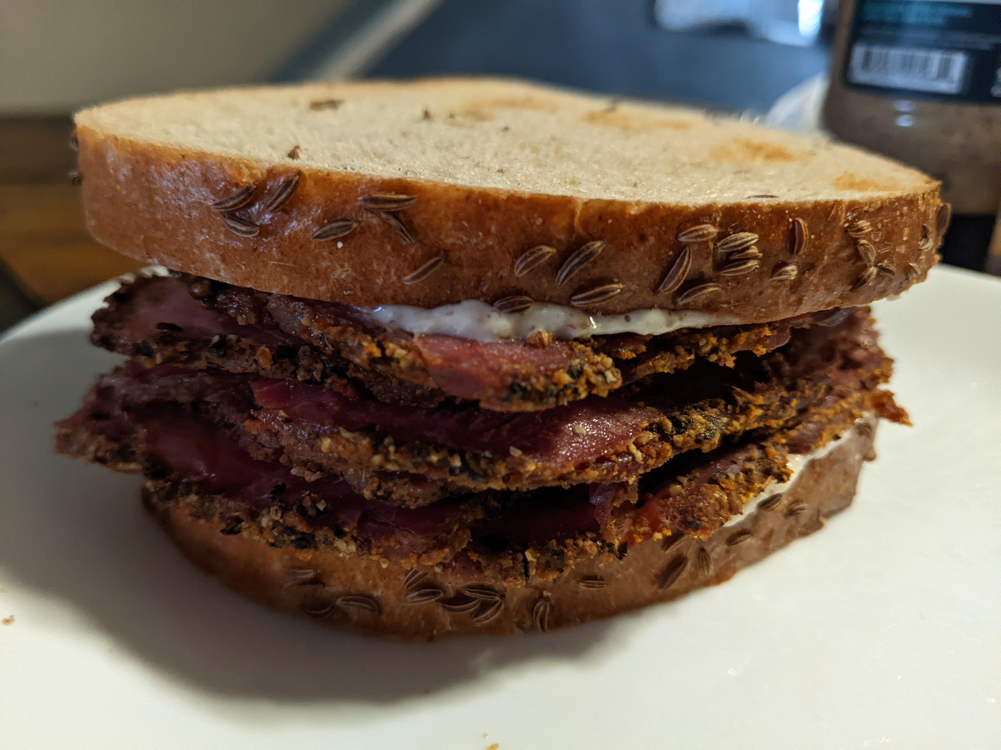 homemade pastrami + seeded rye and spicy mustard/hot horseradish/mayo