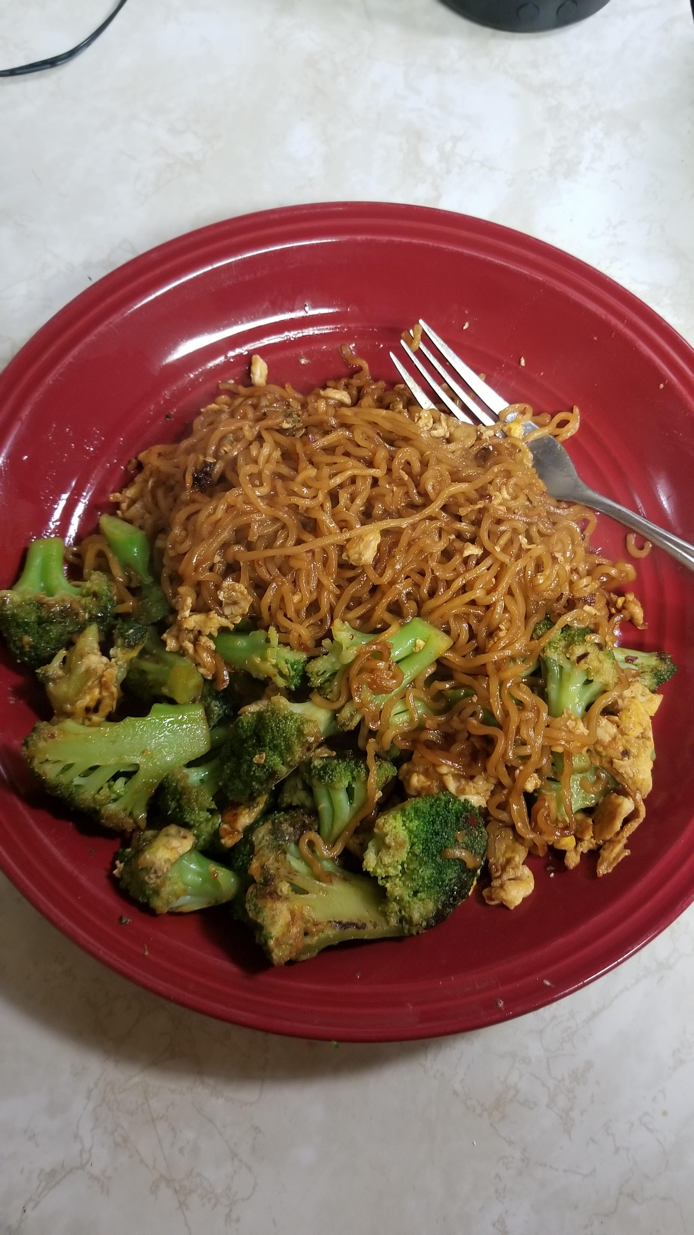 Top Ramen (chicken), frozen broccoli, scrambled eggs yoshida's and red