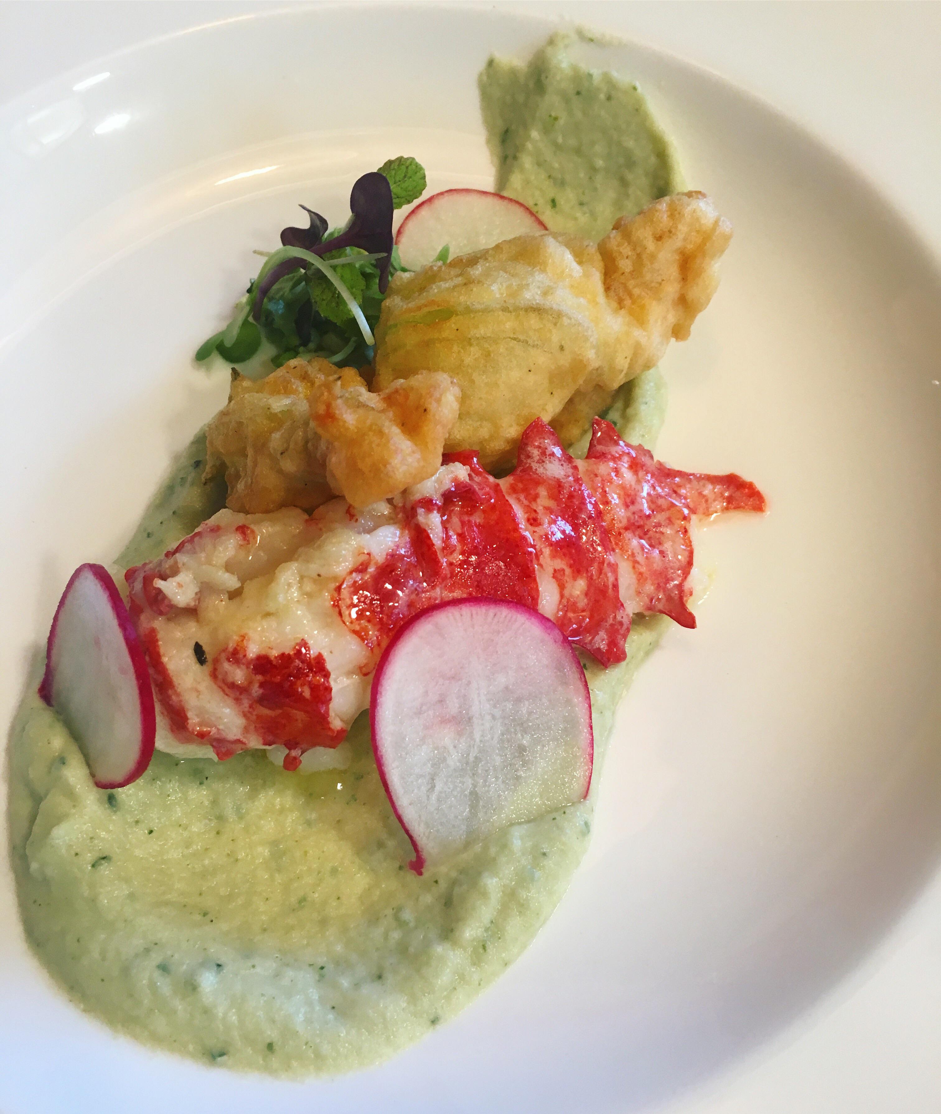 [Homemade] Butter Poached Lobster Tail and Fried Squash Blossoms over