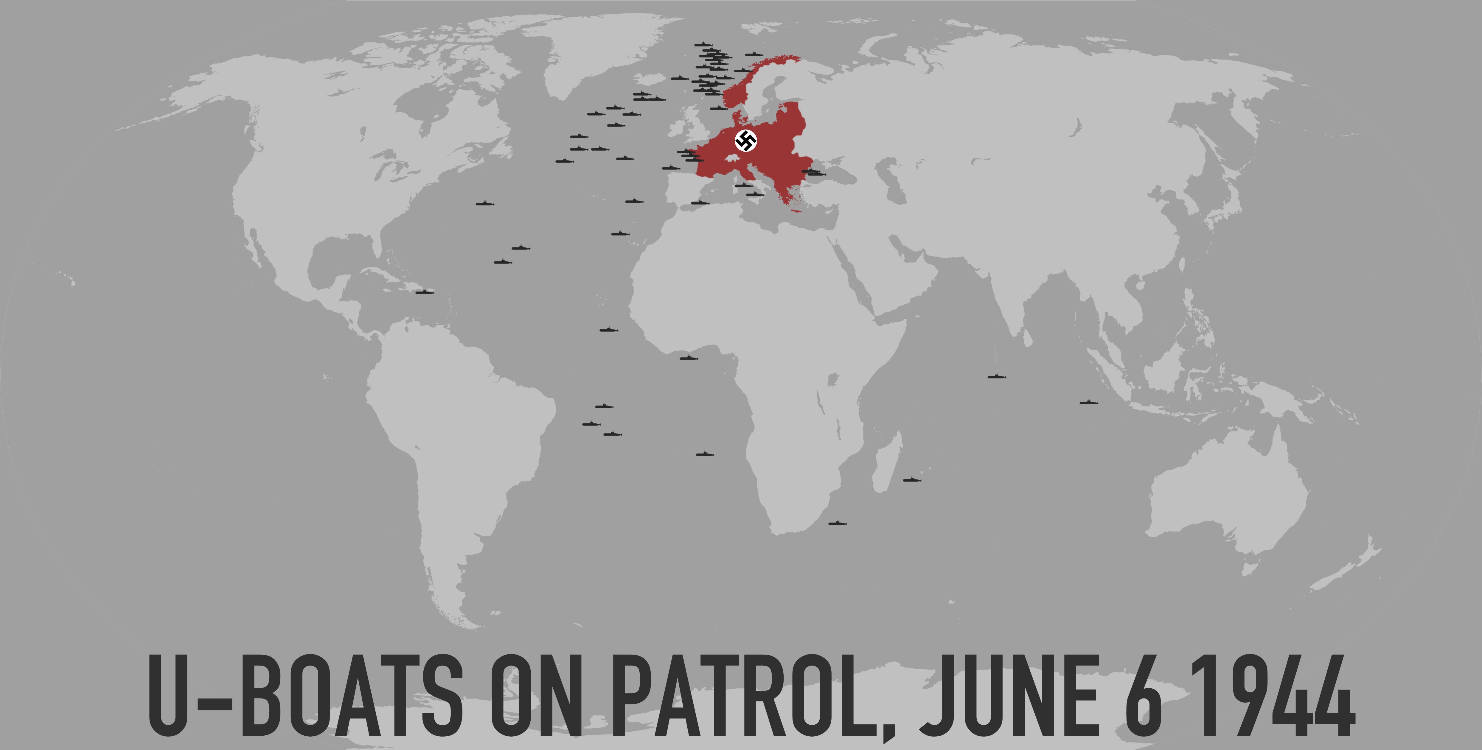 Approximate location of German UBoats on patrol on DDay(One icon sometimes indicates multiple
