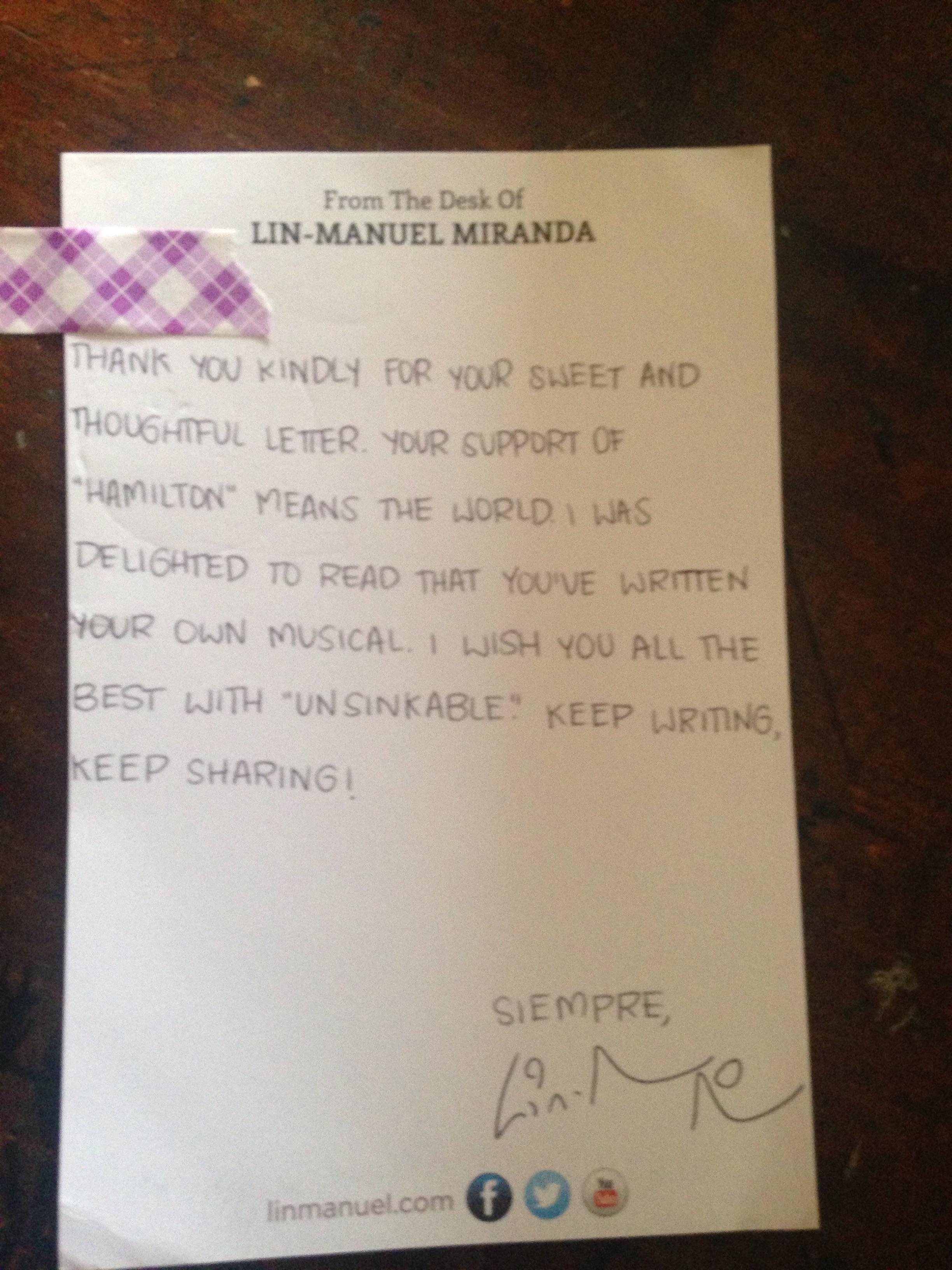 Fanmail reply from Lin Manuel Miranda! (Tape covers my real name