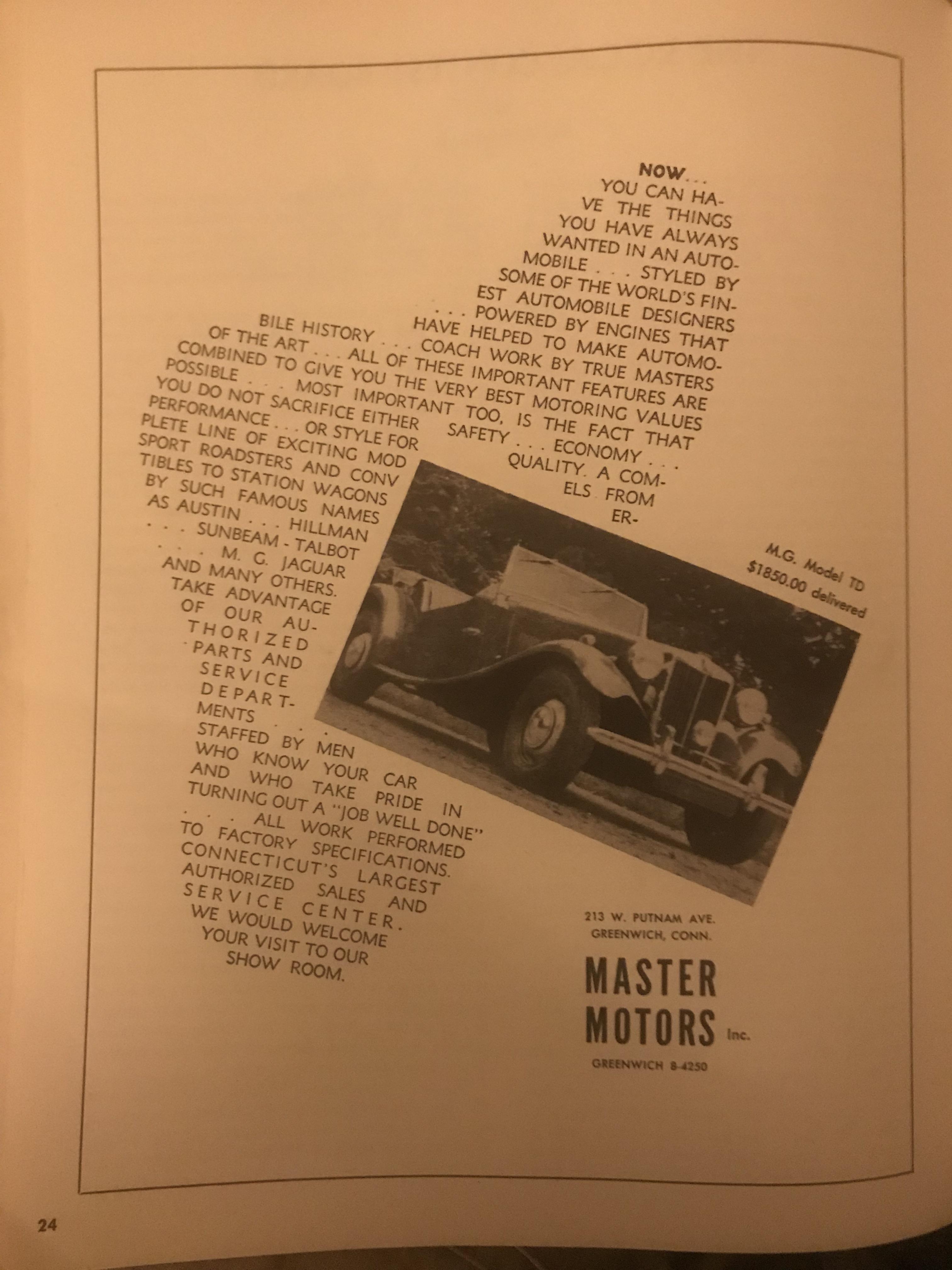 Luxury car dealership ad from the program of the 1950 Watkins Glen