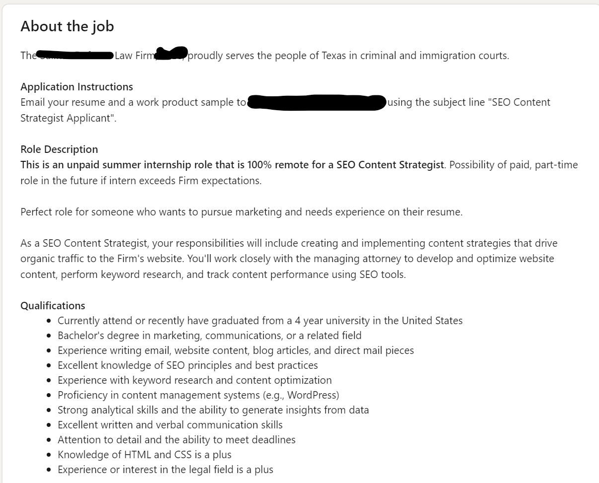 Do lawyers actually know what an internship is? He doesn't want anyone