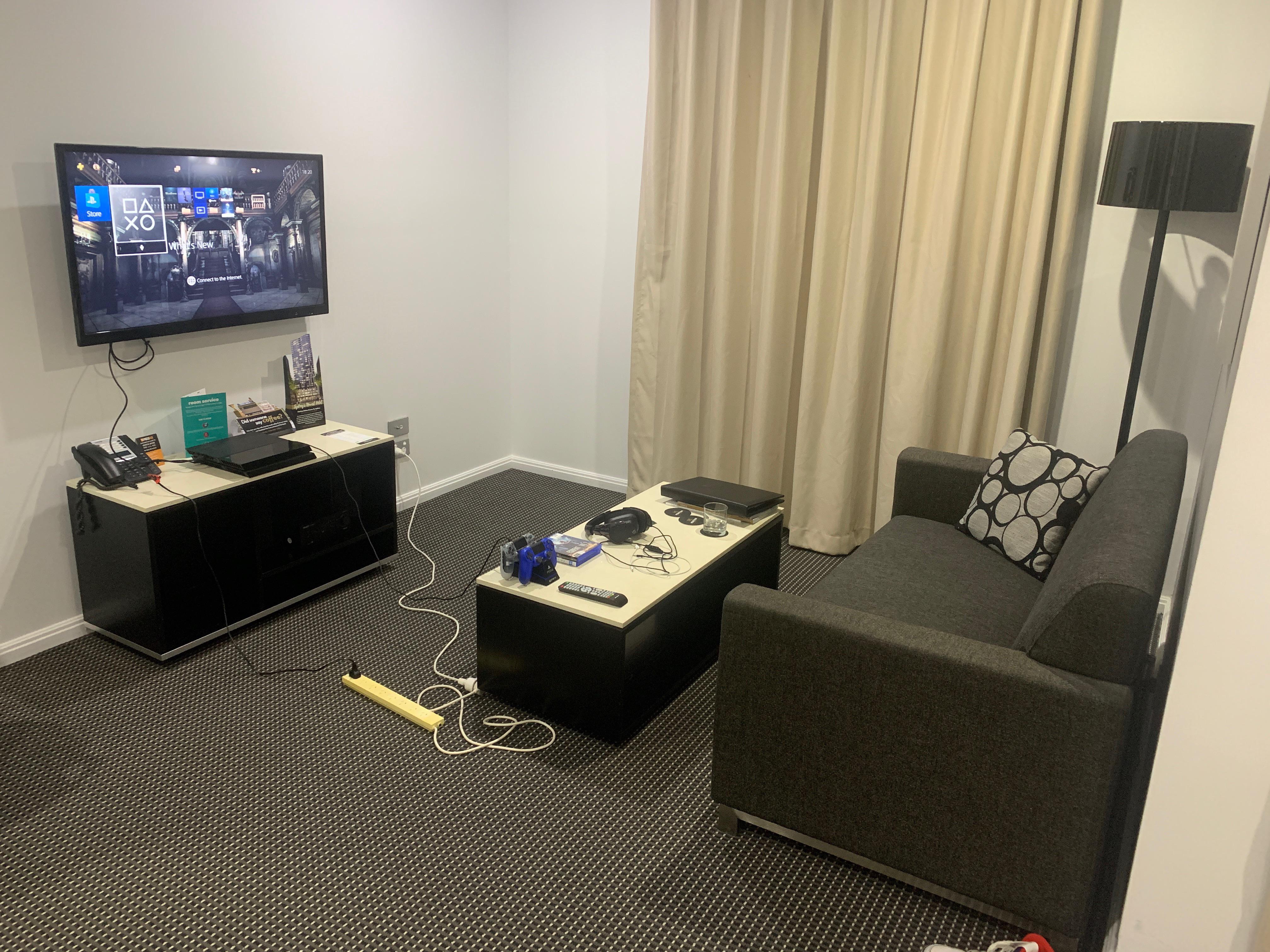 My PS4 setup at my temporary hotel when I’m away home for work. r