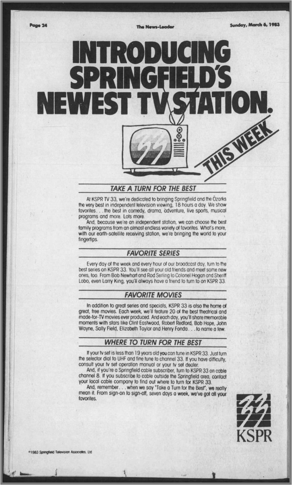 Springfield, MO NewsLeader Ad Advertising the Launch of KSPRTV (March