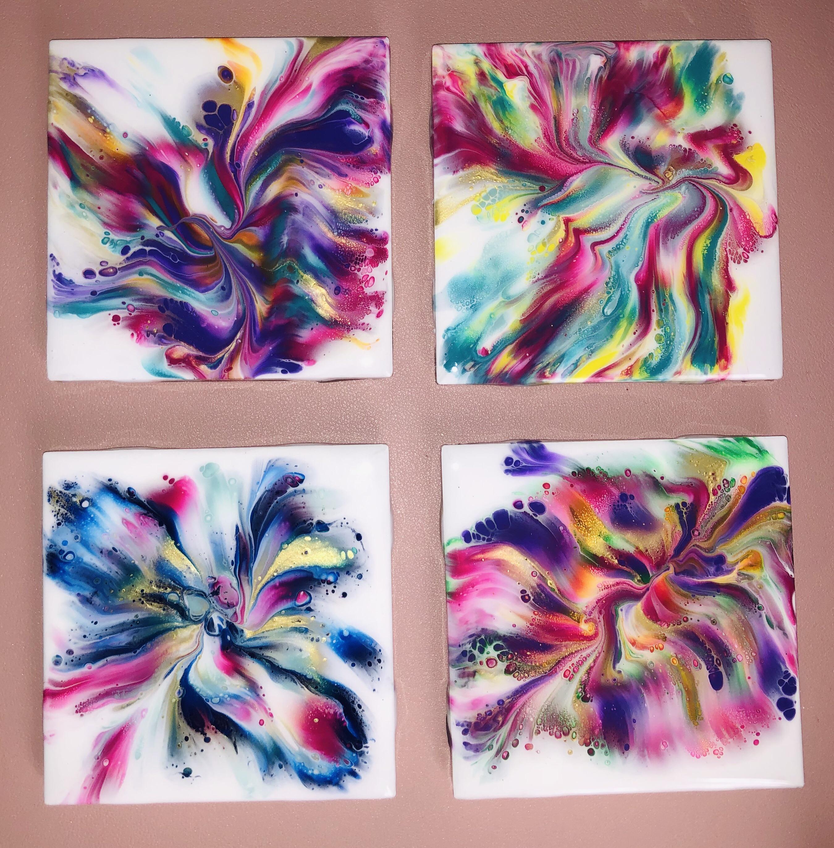 Resincoated, corkbottomed, pourpainted tile coasters ) r/PourPainting