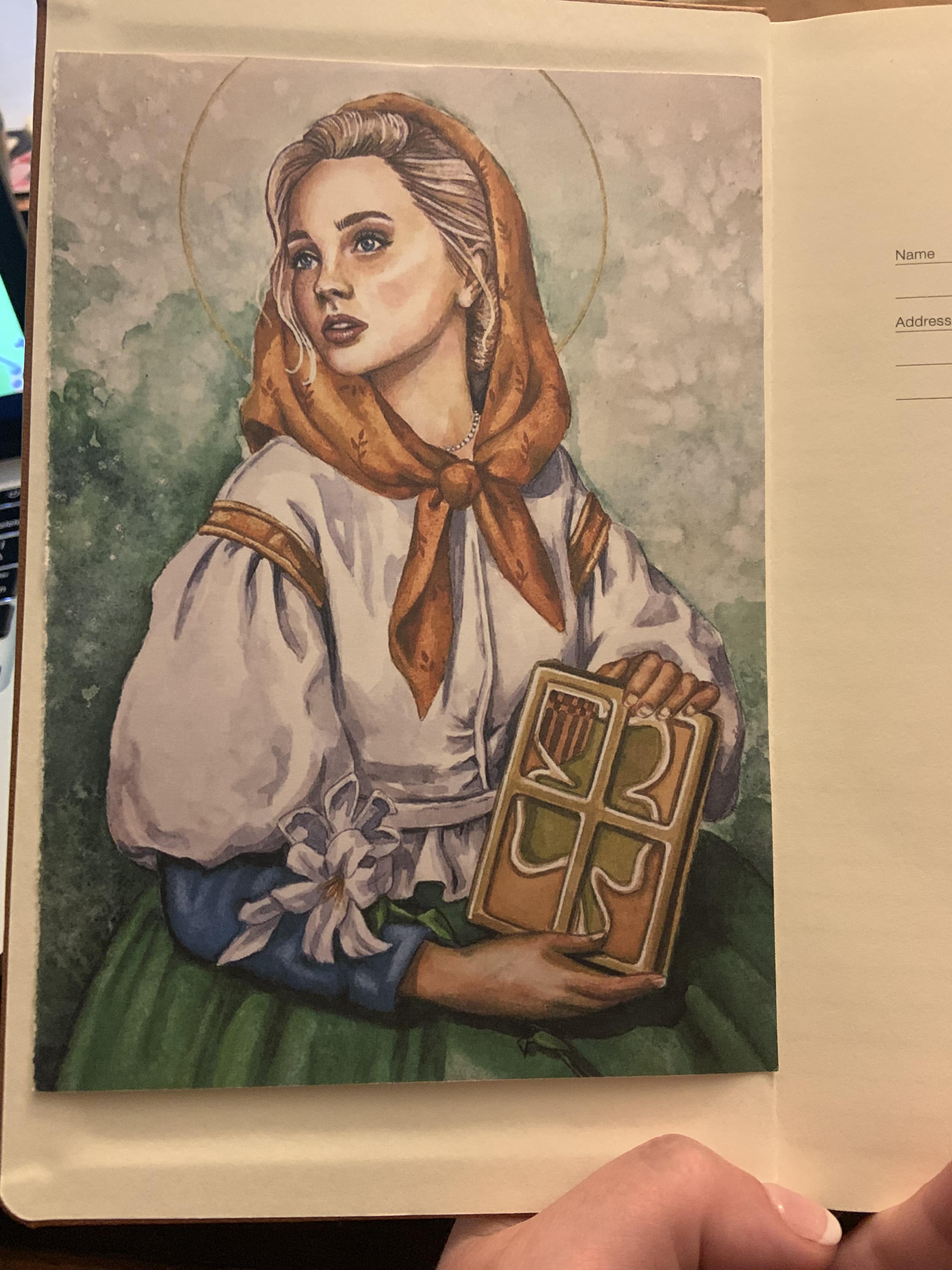 My beautiful Saint Dymphna in my journal. I found an amazing artist on