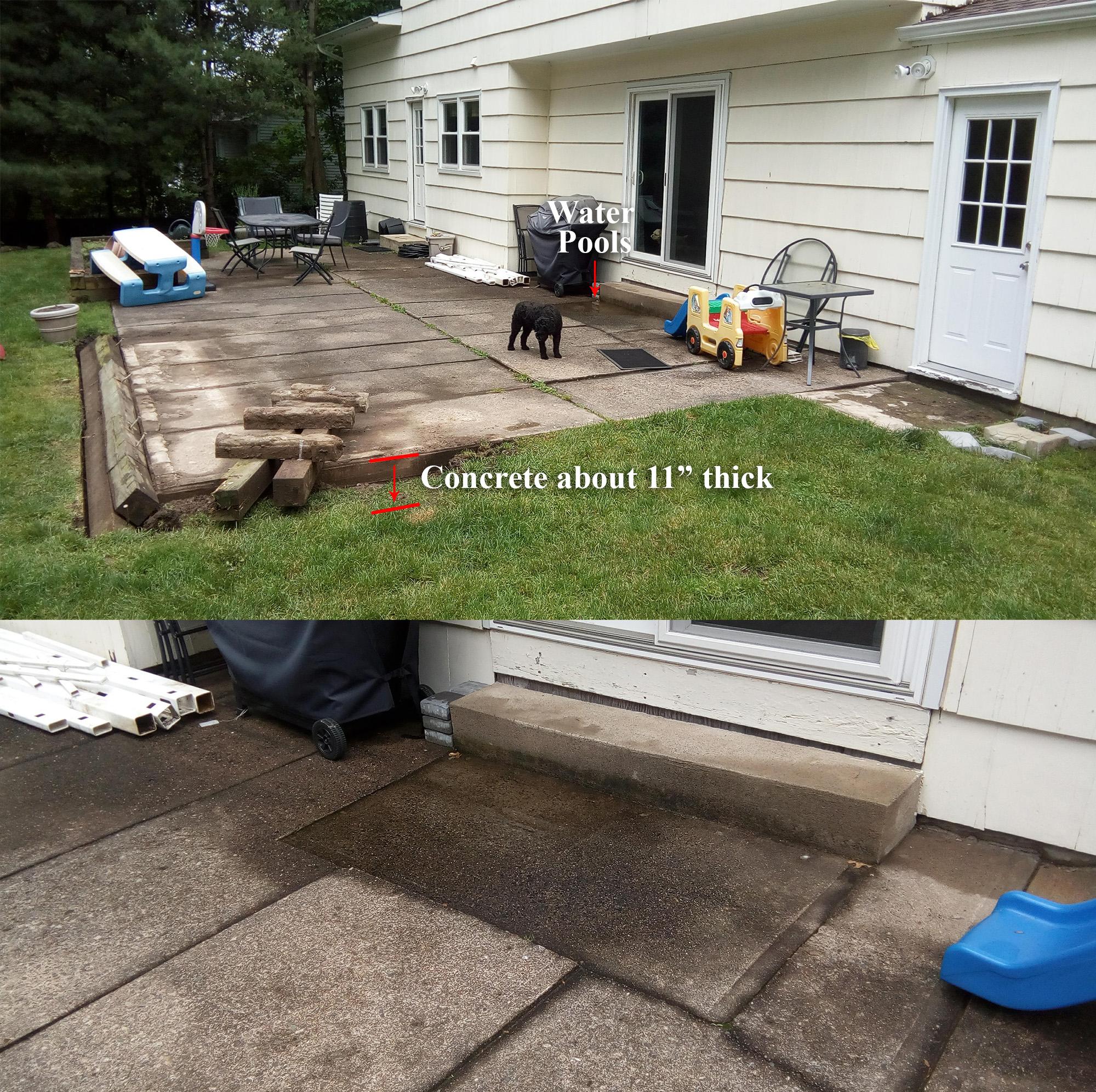 Can I lower my concrete patio (slabs?) to grade away from house? (Bought this house recently