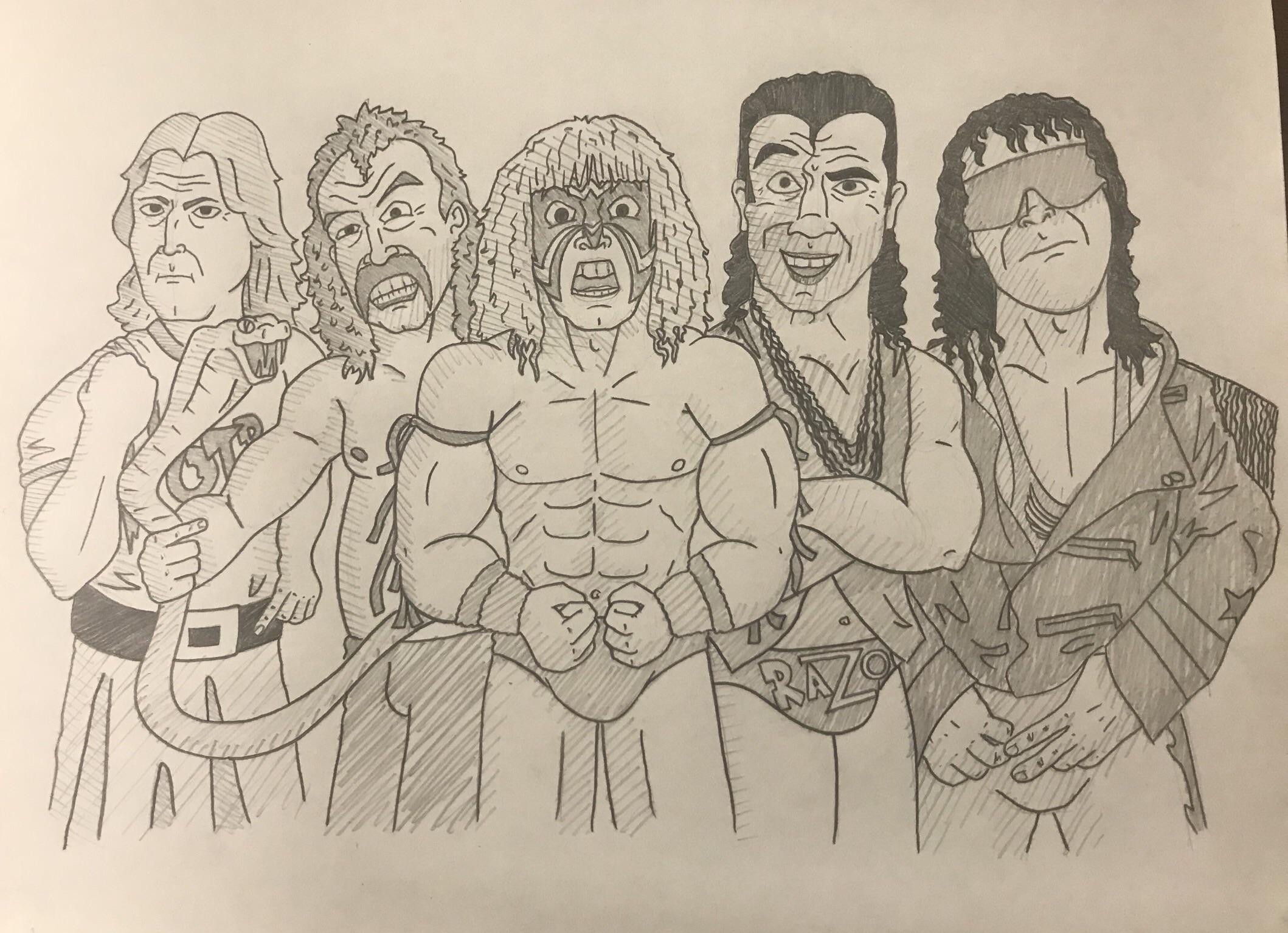 A drawing I did of some of my favorite wrestlers from when I was a kid. r/SquaredCircle