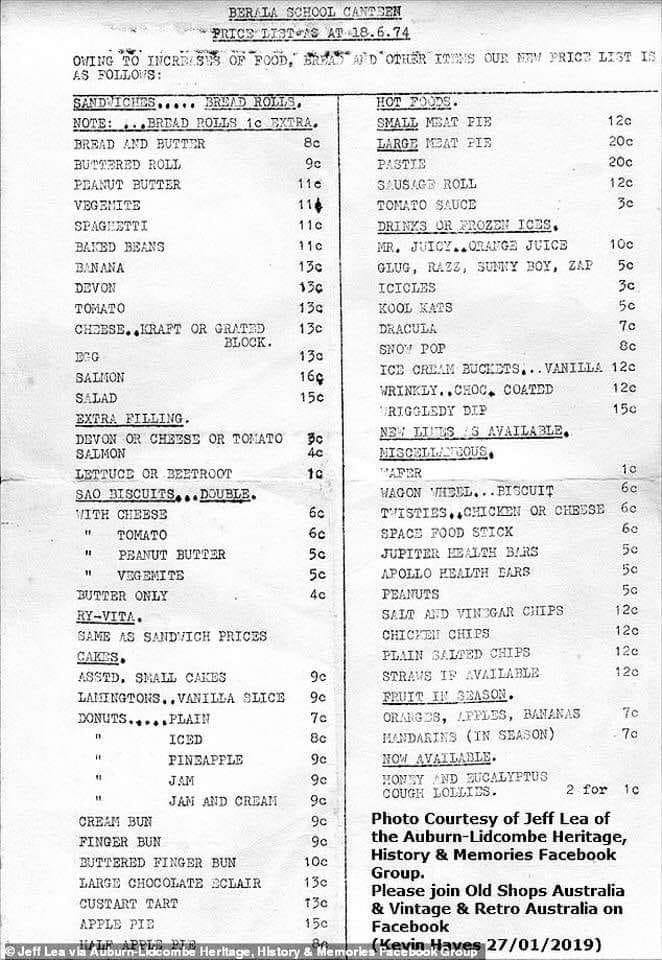 School canteen price list Berala, Sydney Australia 1974 r