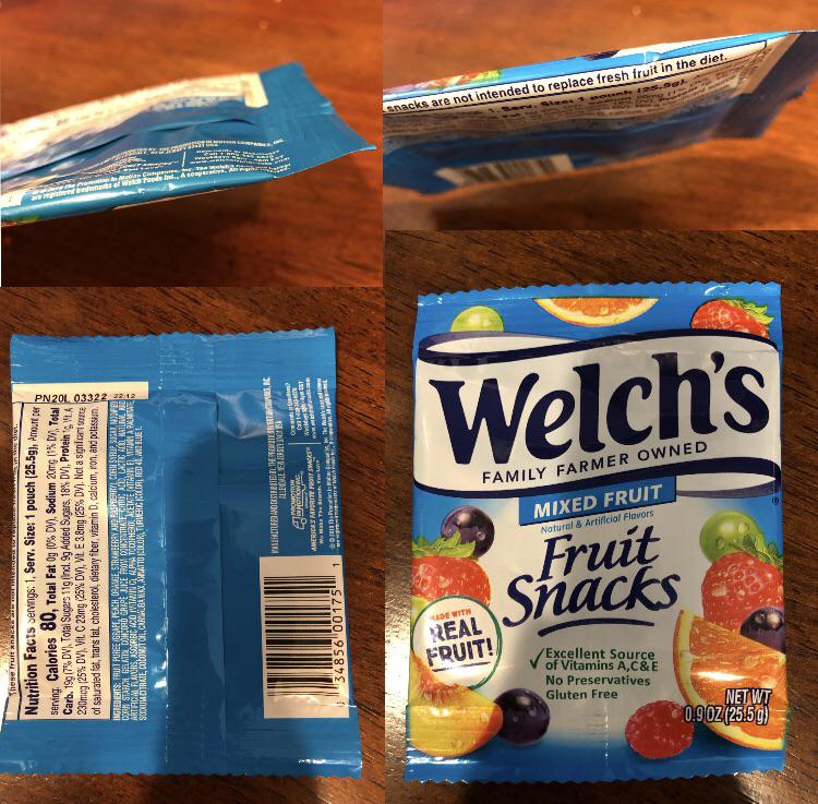 An unopened pack of Welch’s fruit snacks straight from the factory with