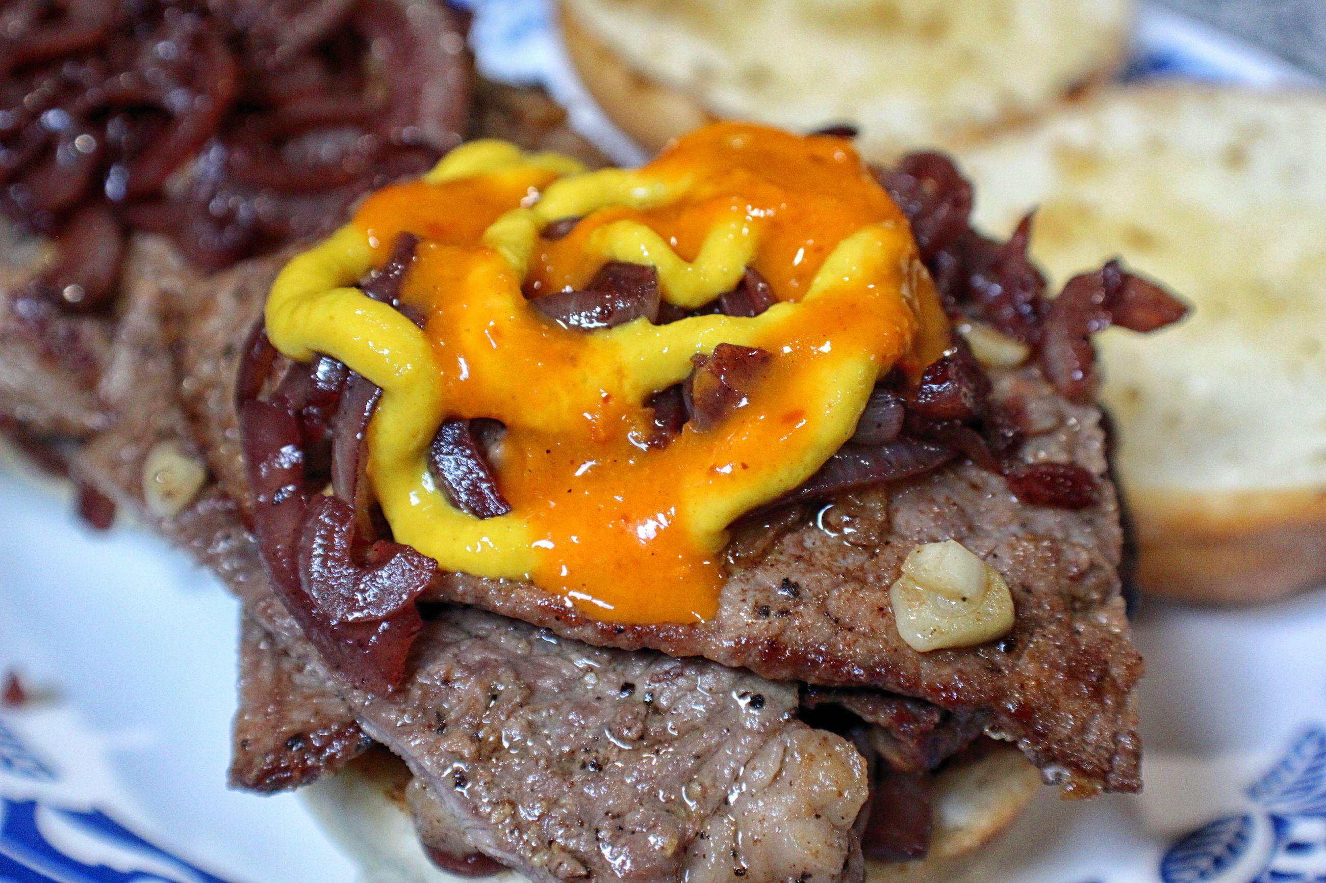 Prego, a Portuguese type of steak sandwich. Thin sirloin, pounded with