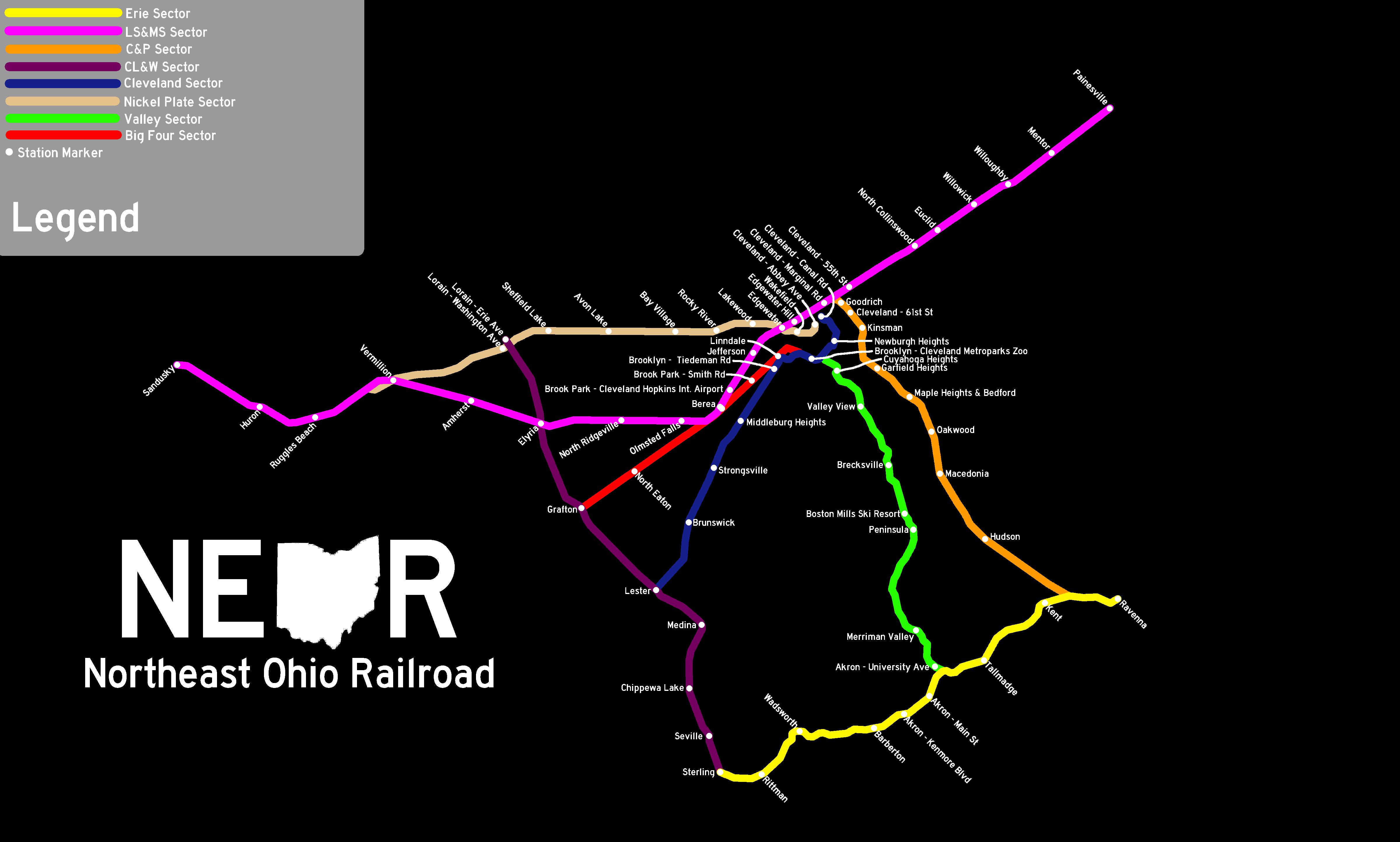 Map I made of the Northeast Ohio Railroad, which is a fictional