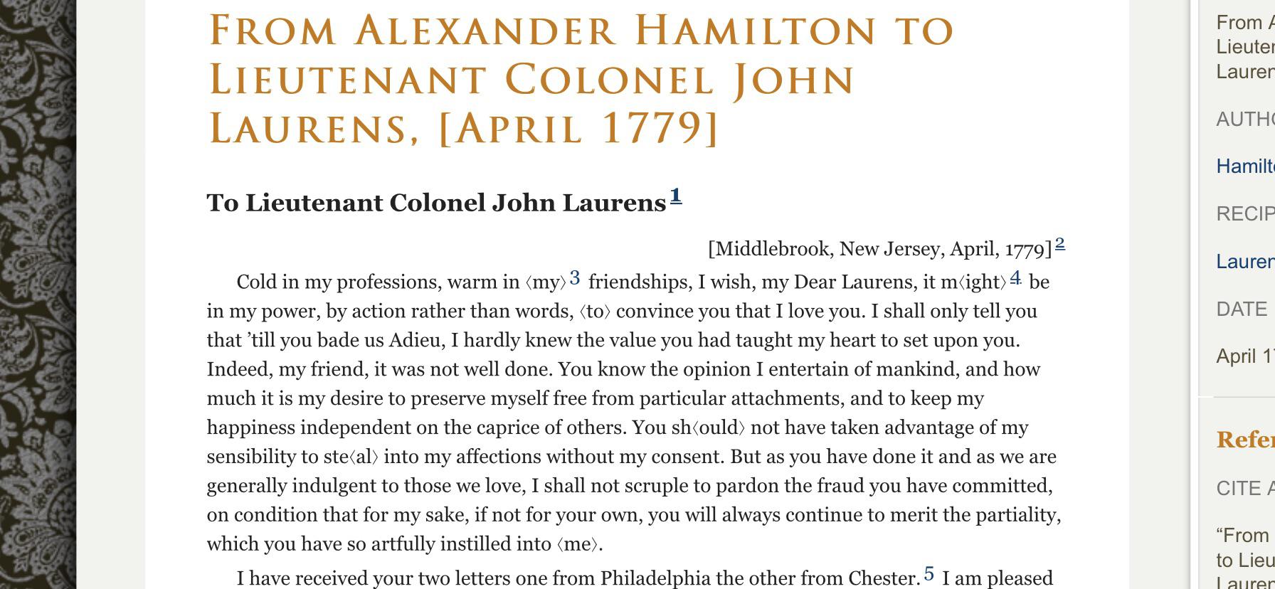 Alexander Hamilton’s professed love for John Laurens in his 1779