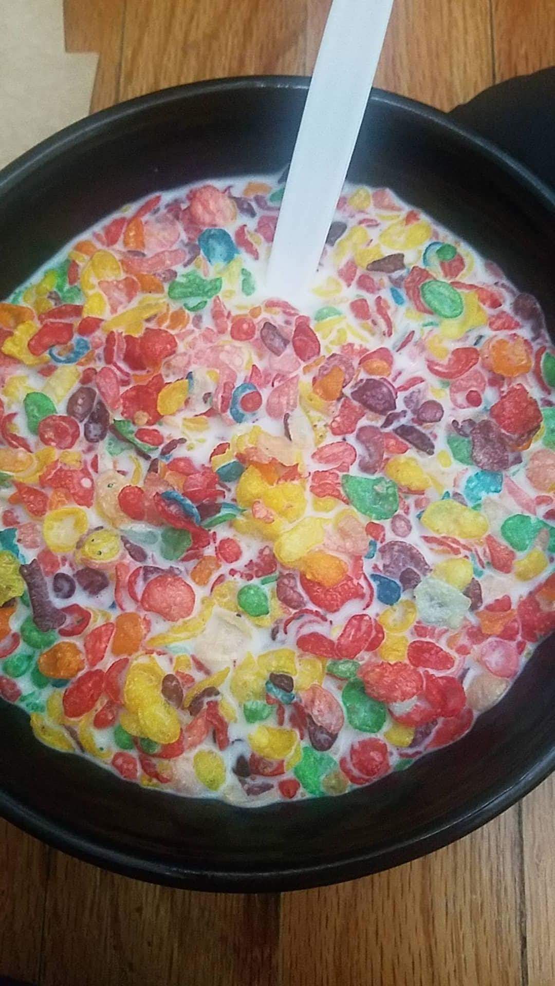 This is a bowl of cereal (fruity pebbles) it's a wonderful brand with amazing taste and