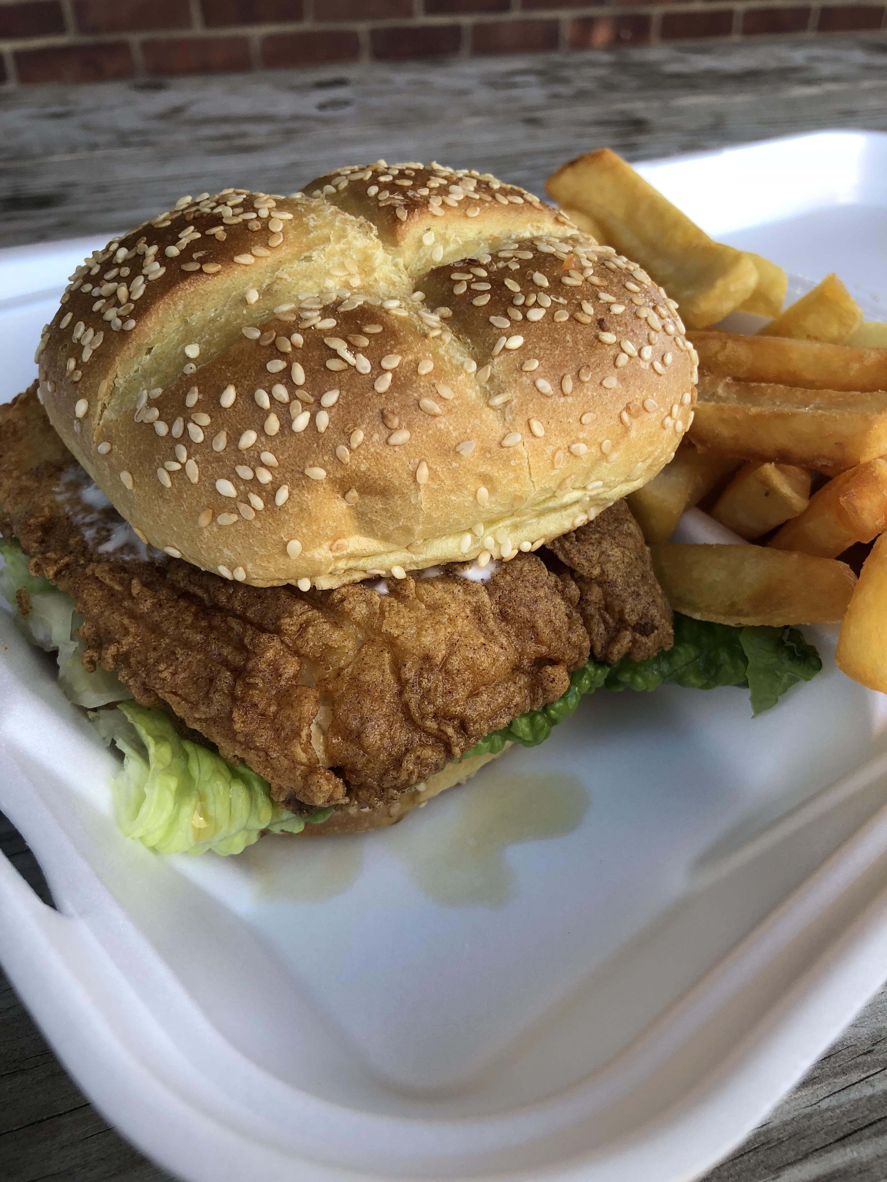 Fish Sandwich w/ hot peppers from Pete’s Dockside. Seaport District