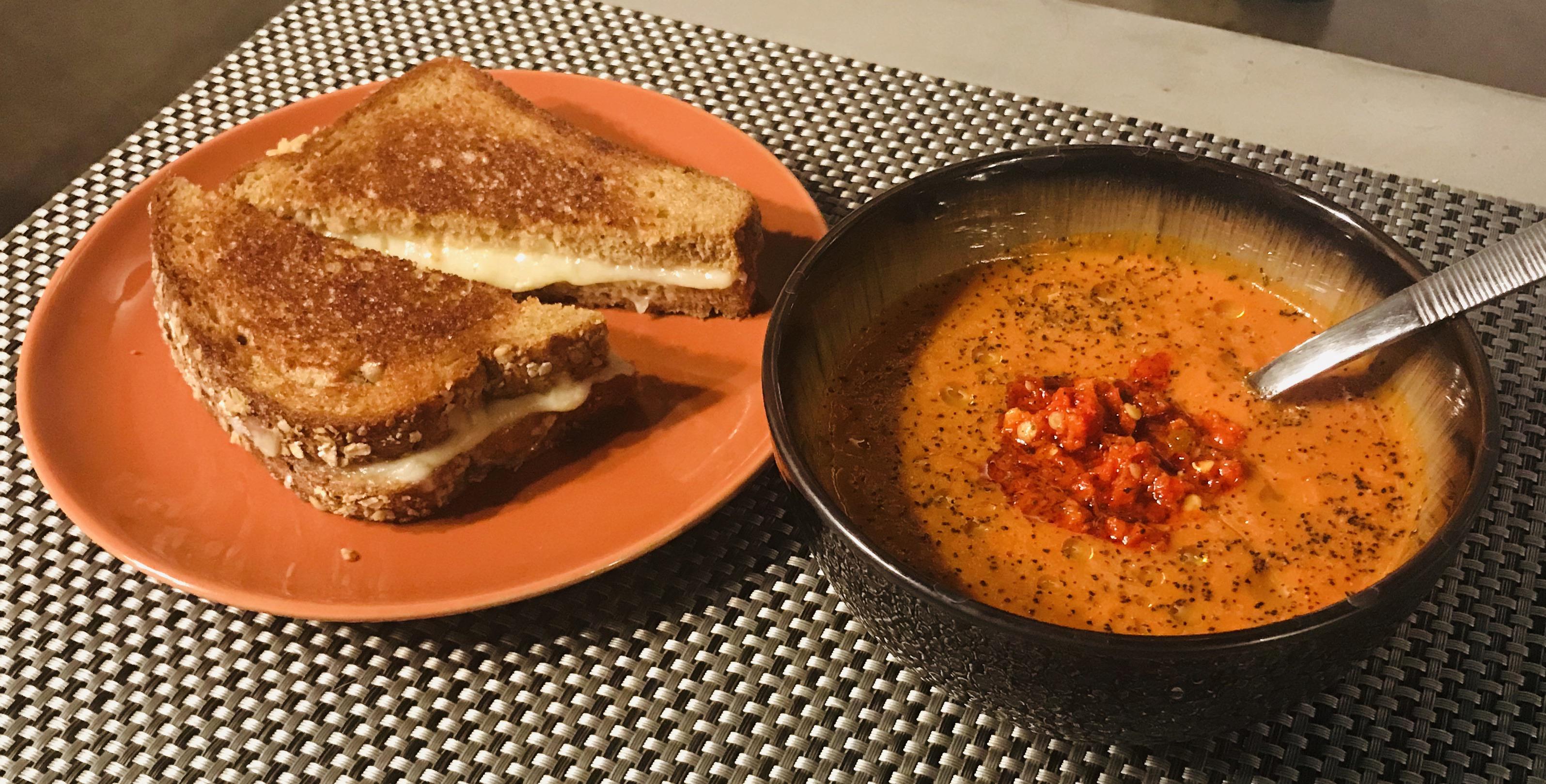 Grilled cheese with Swiss & Gruyere mix and tomato & red pepper soup