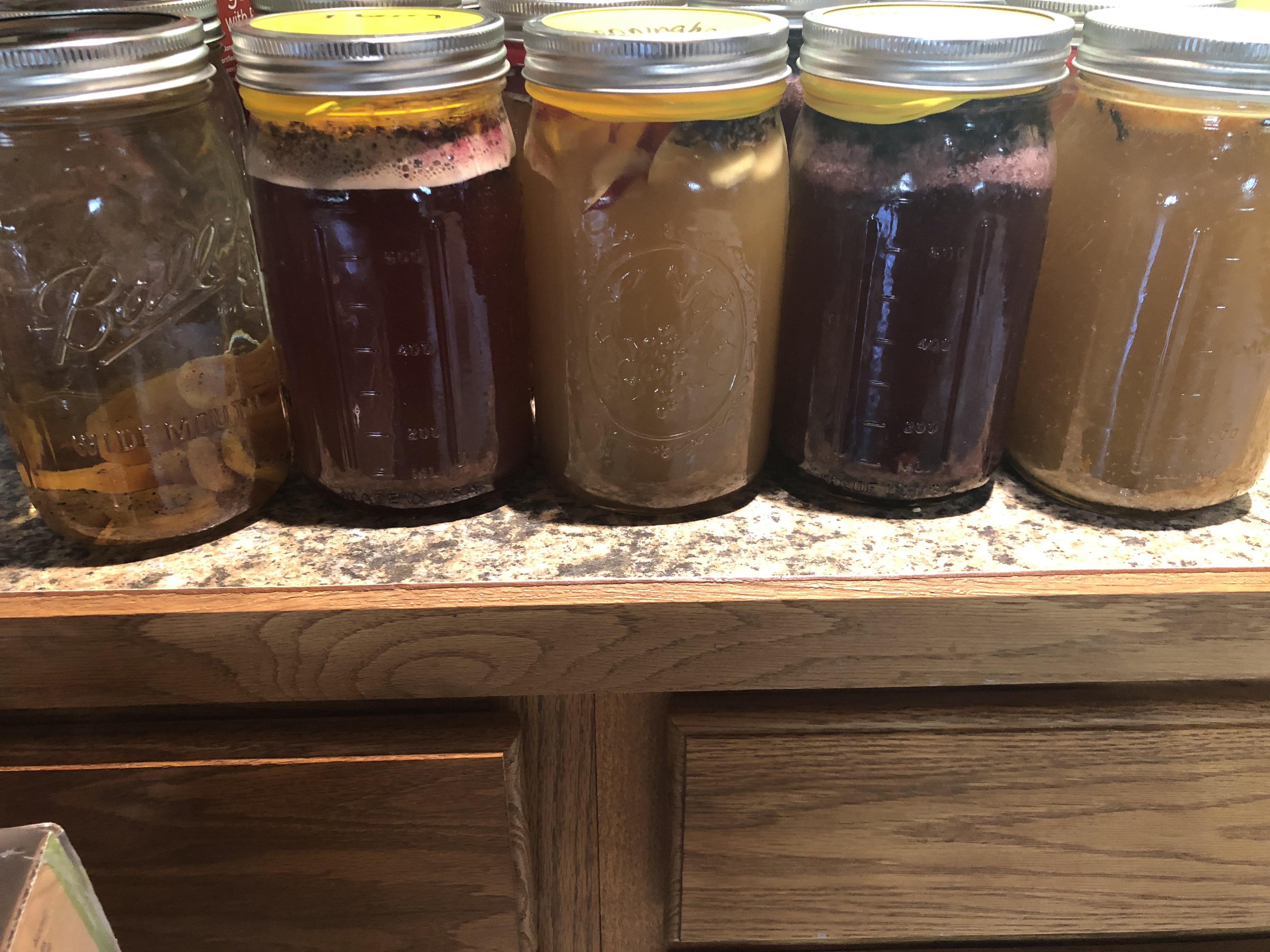 My lineup of honey meads (except the left just steeping vodka in
