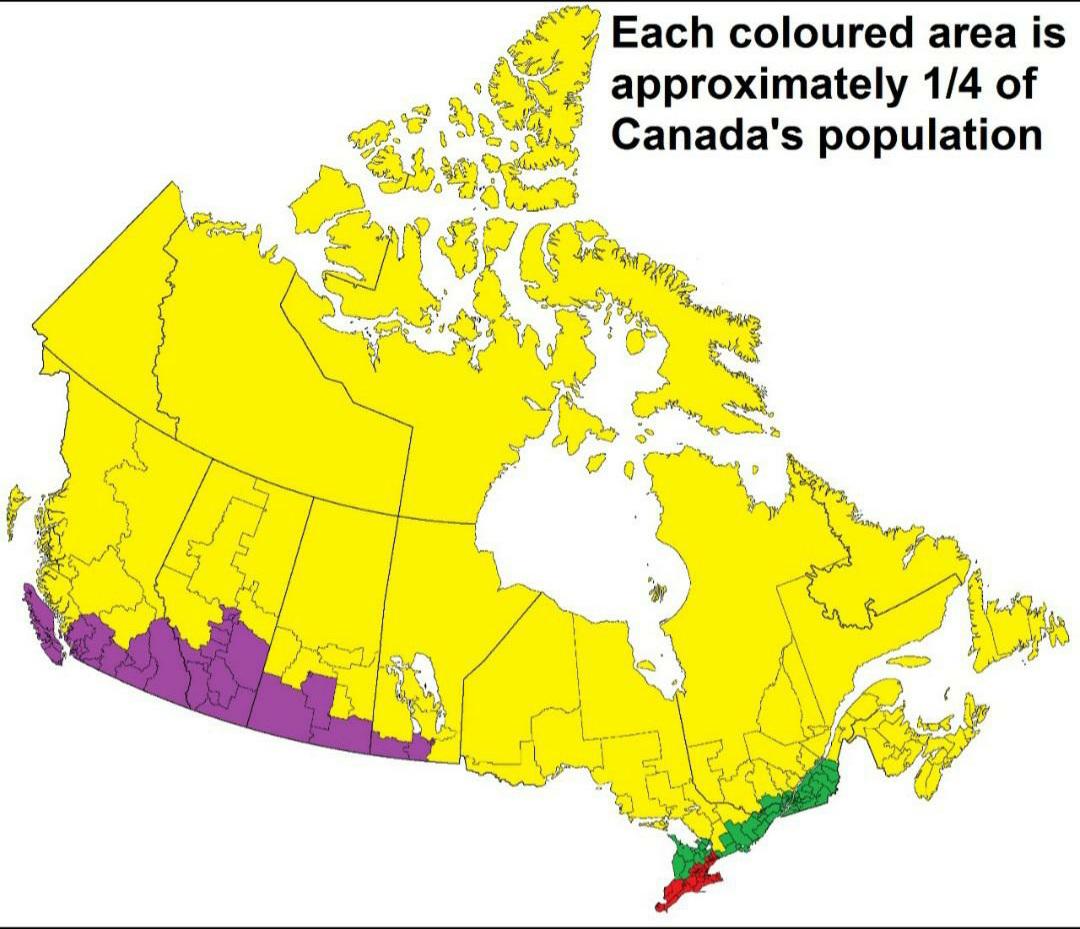 Canada's land divided into 4 parts with equal population. r/MapPorn