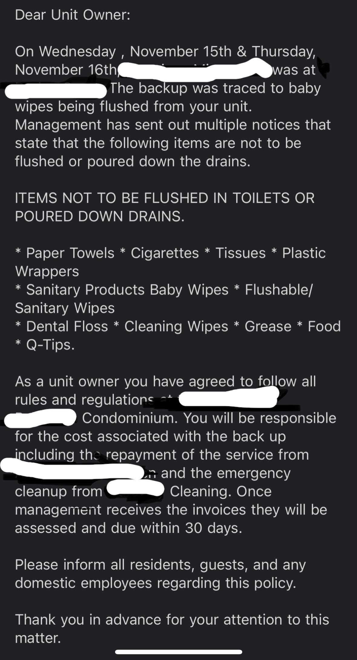 Sewer back up Charge r/HOA