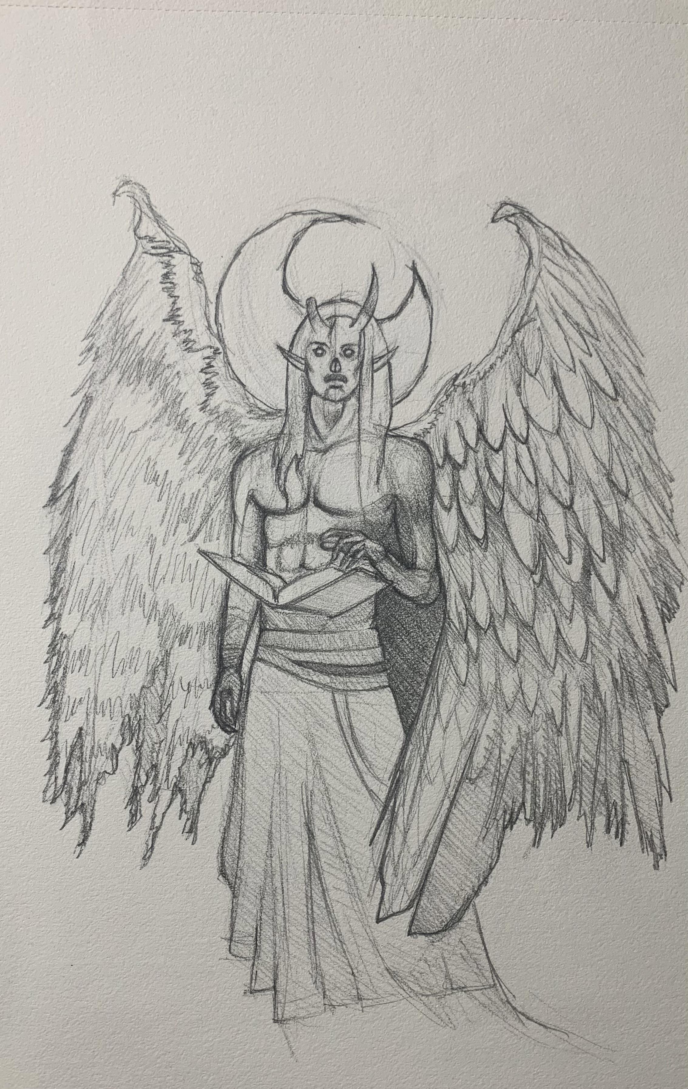 Half angel & half devil deity with a grimoire r/drawing