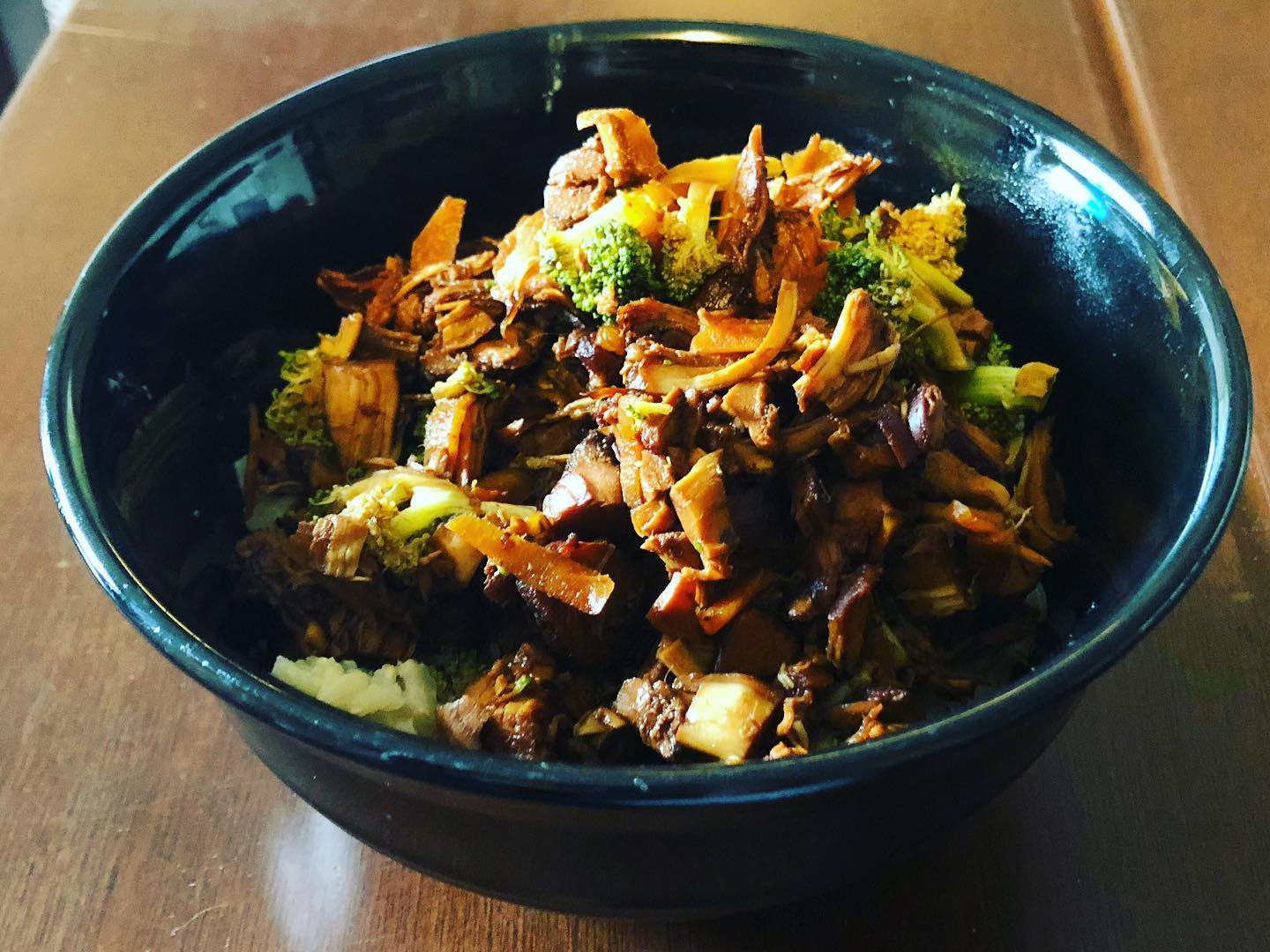 Crock pot soy sauce/brown sugar chicken, broccoli, shaved carrots and