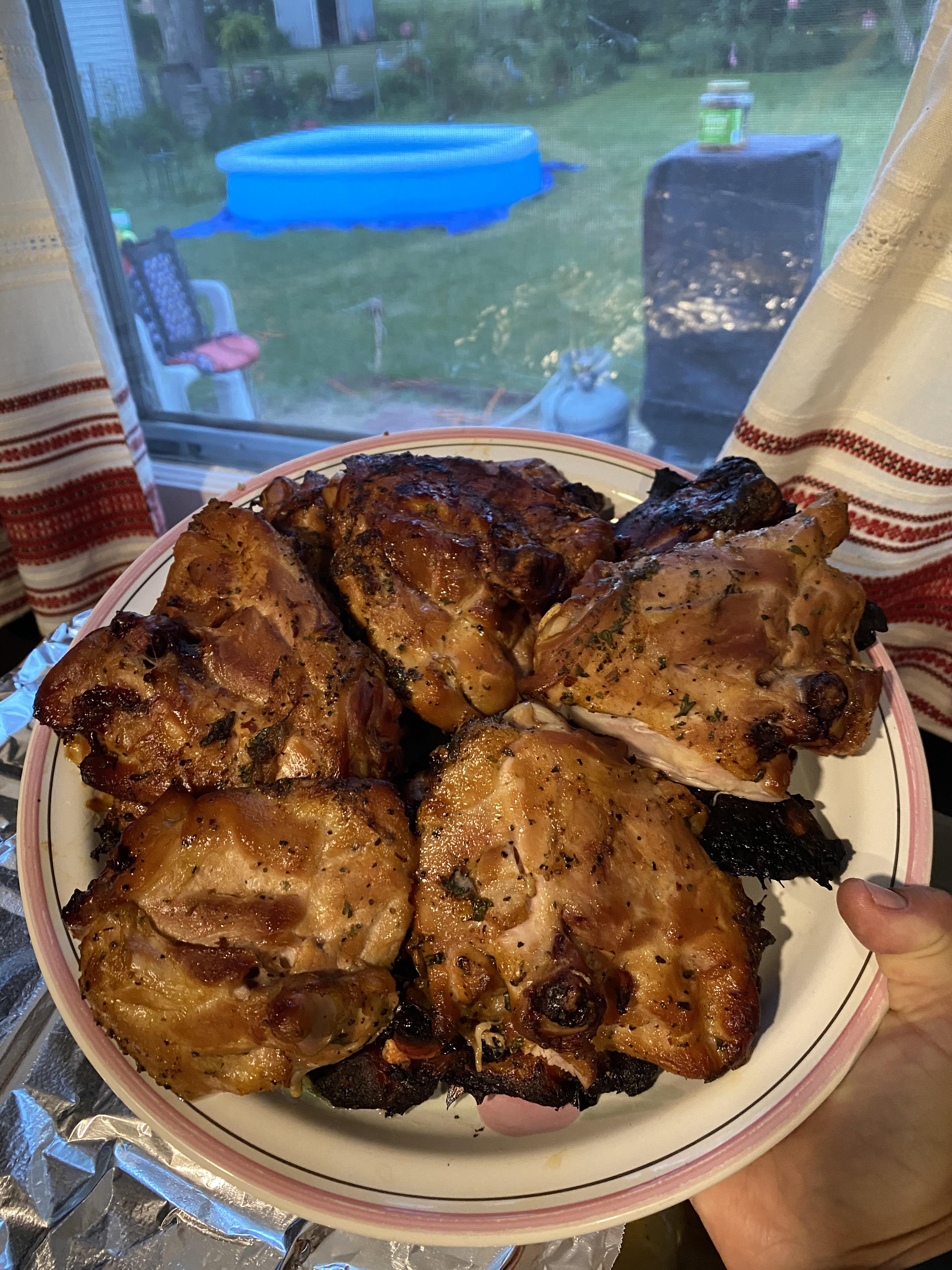 First time ever using my smoker. Beer marinated skinless chicken thighs